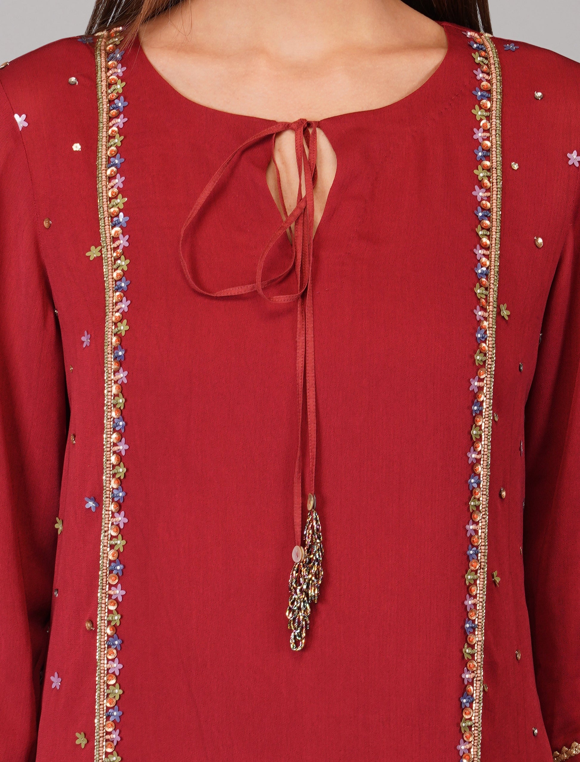 Red Appliqued Garnet Tunic Set by Devyani Mehrotra with Cotton, Embellished, Festive Wear, Kurta Pant Sets Pre Spring 2023, Natural, Office Wear Co-ords, Red, Regular Fit, Solids, Viscose, Womenswear at Kamakhyaa for sustainable fashion