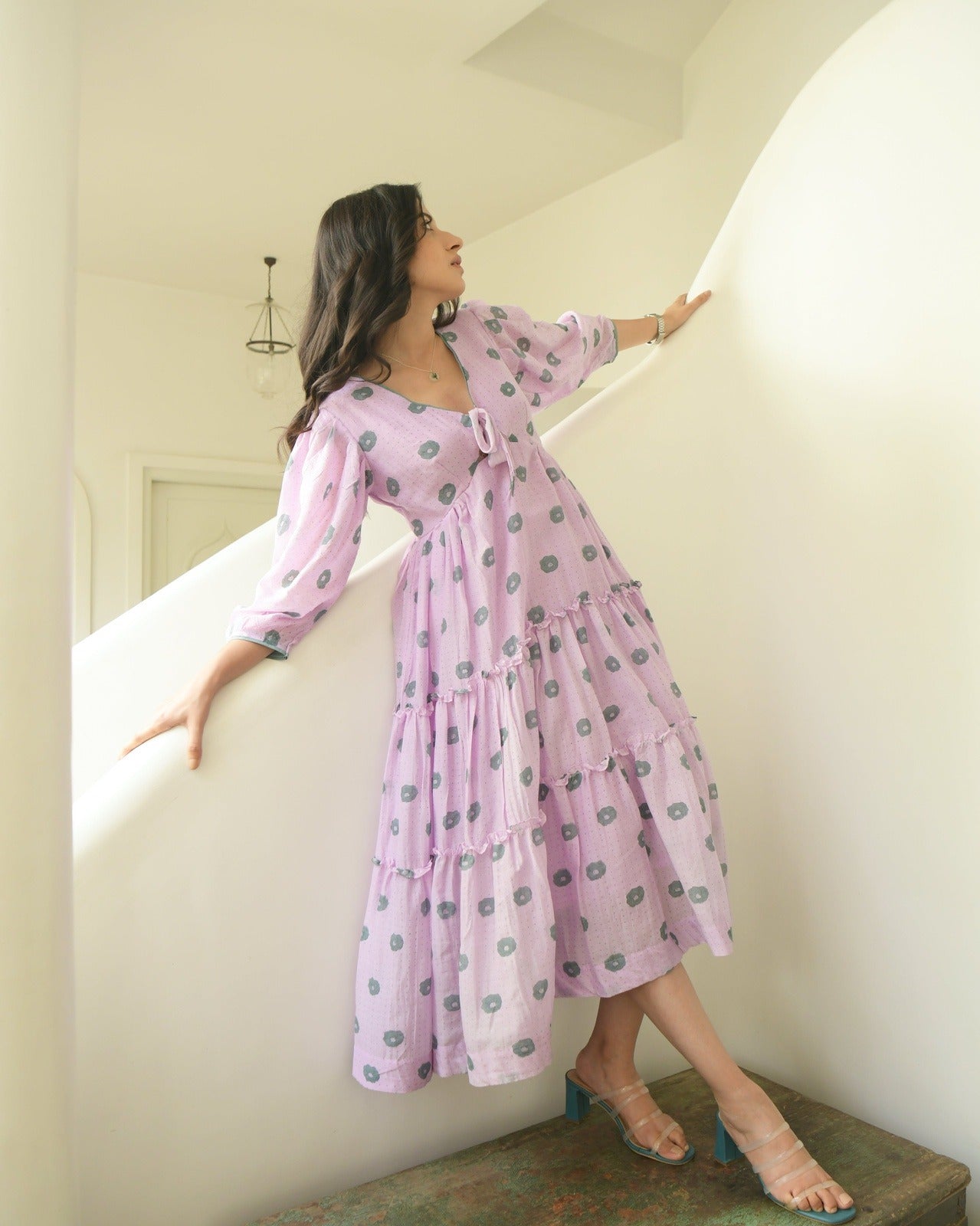 Pink Printed Tiered Dress by Taro with Evening Wear, Handwoven Cotton SIlk, July Sale, July Sale 2023, Midi Dresses, Natural, Pink, Printed Selfsame, Prints, Regular Fit, Tiered Dresses, Wildflower by Taro, Womenswear at Kamakhyaa for sustainable fashion