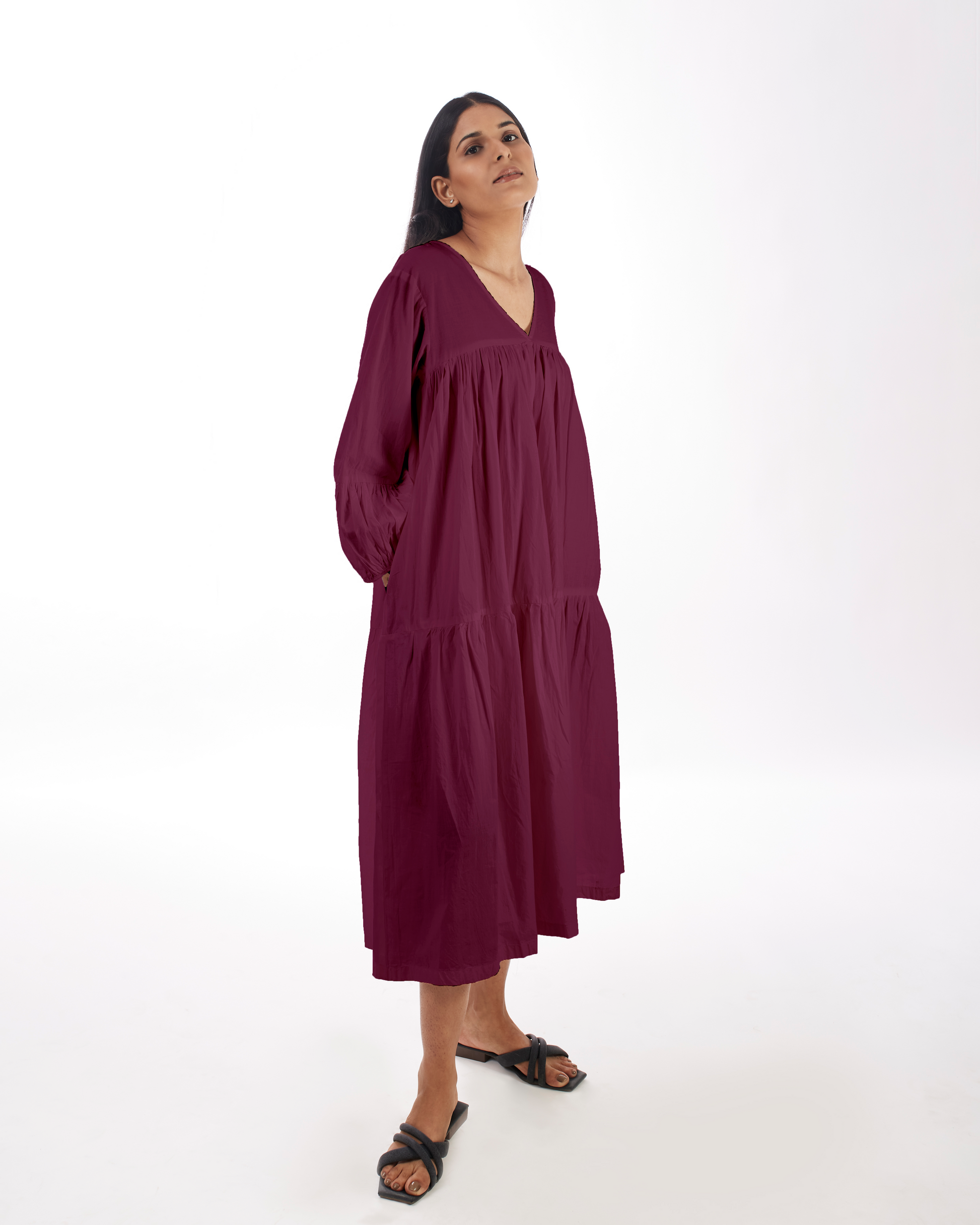 Plum Maternity Maxi Tiered Dress by Kamakhyaa with 100% pure cotton, Casual Wear, FB ADS JUNE, Fitted At Waist, KKYSS, Loose Fit, Naturally Made, Purple, Solids, Summer Sutra, Tiered Dresses, Womenswear at Kamakhyaa for sustainable fashion
