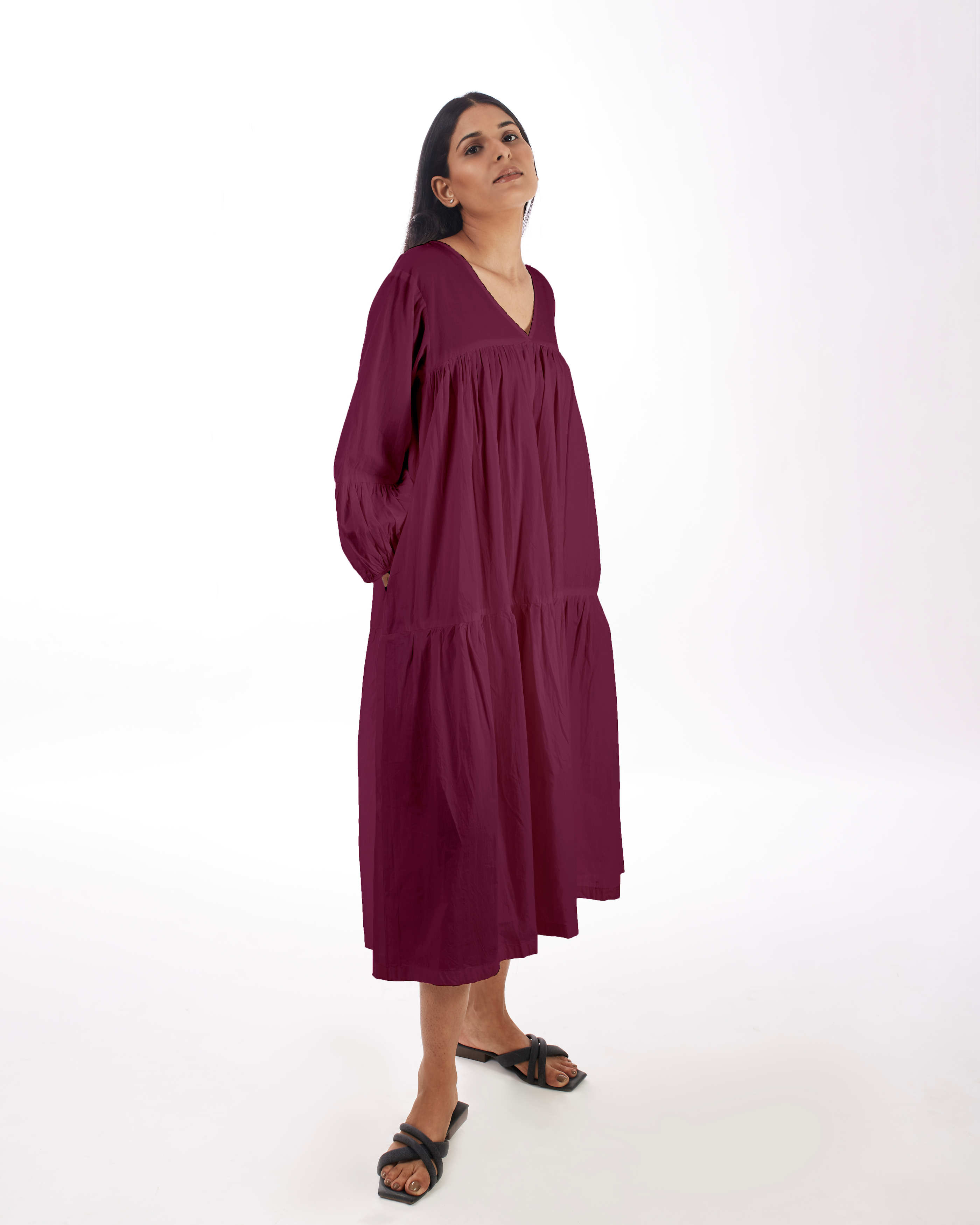 Plum Maternity Maxi Tiered Dress by Kamakhyaa with 100% pure cotton, Casual Wear, FB ADS JUNE, Fitted At Waist, KKYSS, Loose Fit, Naturally Made, Purple, Solids, Summer Sutra, Tiered Dresses, Womenswear at Kamakhyaa for sustainable fashion