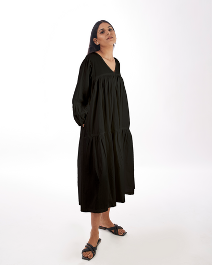 Black Maternity Maxi Tiered Dress by Kamakhyaa with 100% pure cotton, Black, Casual Wear, FB ADS JUNE, Fitted At Waist, KKYSS, Loose Fit, Naturally Made, Solids, Summer Sutra, Tiered Dresses, Womenswear at Kamakhyaa for sustainable fashion