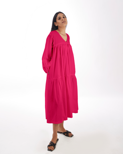 Pink Maternity Maxi Tiered Dress by Kamakhyaa with 100% pure cotton, Casual Wear, FB ADS JUNE, Fitted At Waist, KKYSS, Loose Fit, Naturally Made, Pink, Solids, Summer Sutra, Tiered Dresses, Womenswear at Kamakhyaa for sustainable fashion