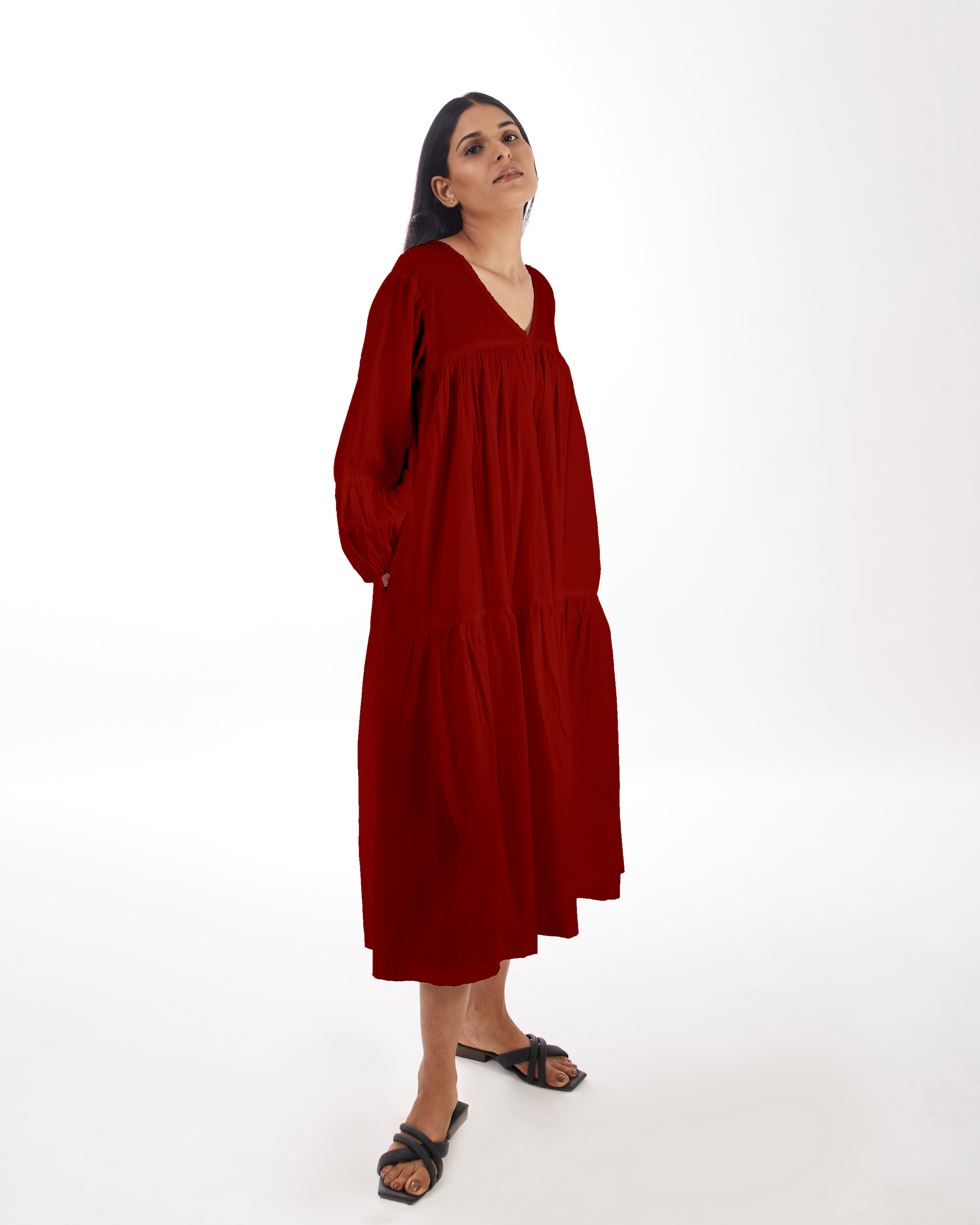 Red Maternity Maxi Tiered Dress by Kamakhyaa with 100% pure cotton, Casual Wear, FB ADS JUNE, Fitted At Waist, KKYSS, Loose Fit, Naturally Made, Red, Solids, Summer Sutra, Tiered Dresses, Womenswear at Kamakhyaa for sustainable fashion