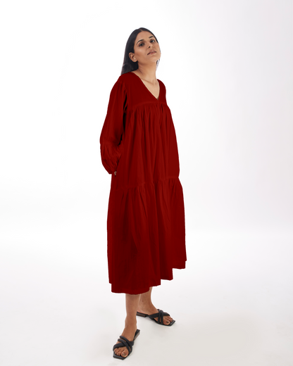 Red Maternity Maxi Tiered Dress by Kamakhyaa with 100% pure cotton, Casual Wear, FB ADS JUNE, Fitted At Waist, KKYSS, Loose Fit, Naturally Made, Red, Solids, Summer Sutra, Tiered Dresses, Womenswear at Kamakhyaa for sustainable fashion