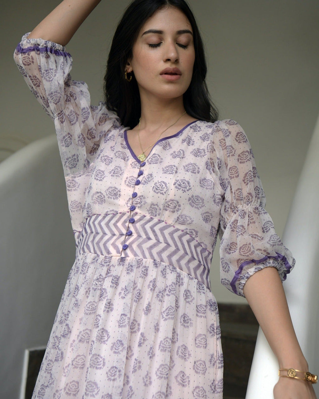 White Chiffon Printed Tiered Dress by Taro with Chiffon, Evening Wear, Handwoven cotton, Indo-Western, July Sale, July Sale 2023, Natural, Prints, Regular Fit, Tiered Dresses, White, Wildflower by Taro, Womenswear at Kamakhyaa for sustainable fashion