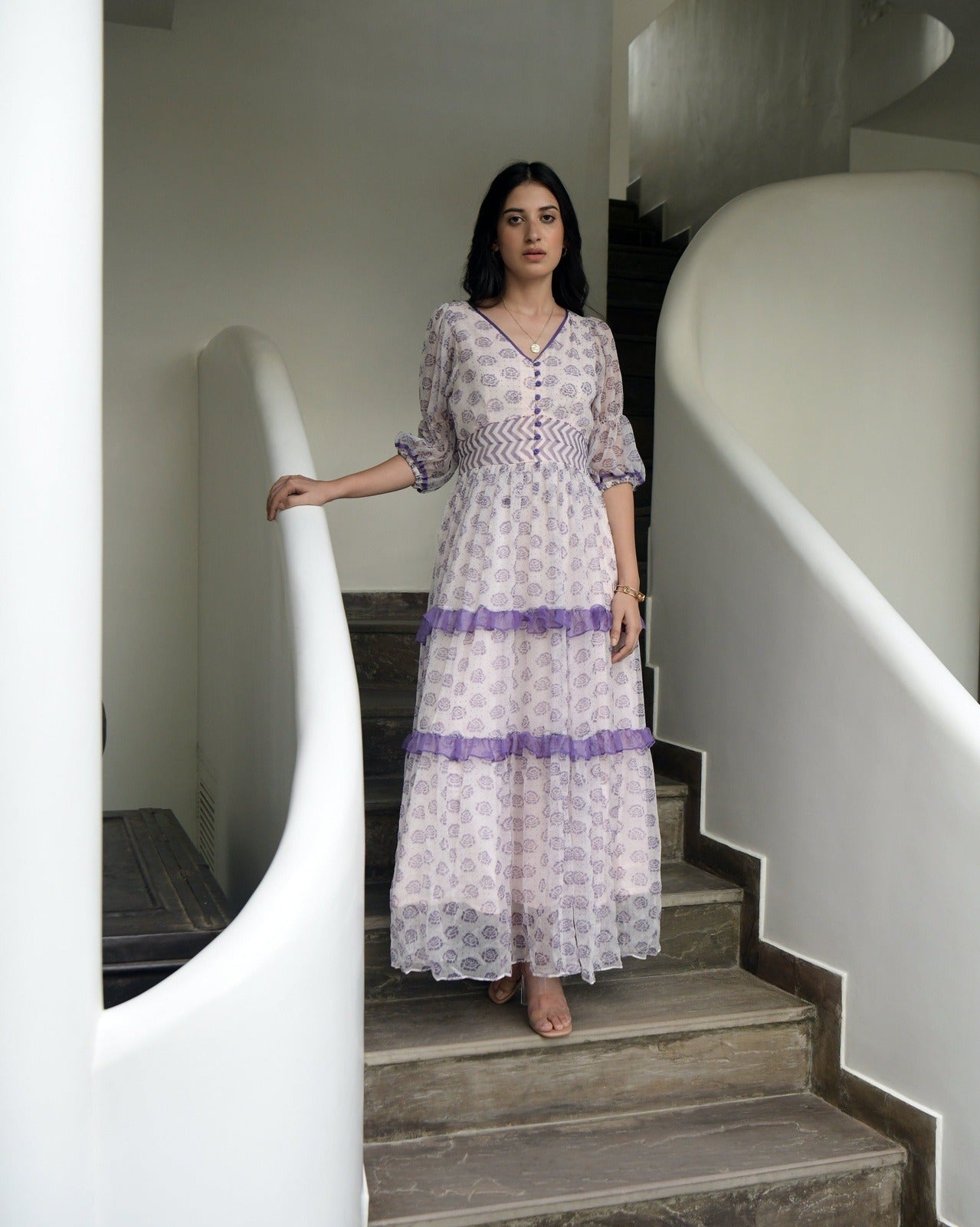 White Chiffon Printed Tiered Dress by Taro with Chiffon, Evening Wear, Handwoven cotton, Indo-Western, July Sale, July Sale 2023, Natural, Prints, Regular Fit, Tiered Dresses, White, Wildflower by Taro, Womenswear at Kamakhyaa for sustainable fashion