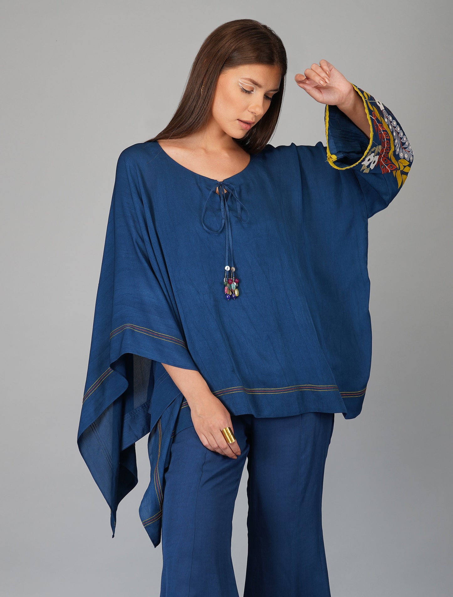 Blue Hand Embroidered Applique Cape Set by Devyani Mehrotra with Blue, Co-ord Sets, Embroidered, Evening Wear, Georgette, Natural, Patchwork, Pre Spring 2023, Relaxed Fit, Travel Co-ords, Viscose, Womenswear at Kamakhyaa for sustainable fashion