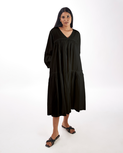 Black Maternity Maxi Tiered Dress by Kamakhyaa with 100% pure cotton, Black, Casual Wear, FB ADS JUNE, Fitted At Waist, KKYSS, Loose Fit, Naturally Made, Solids, Summer Sutra, Tiered Dresses, Womenswear at Kamakhyaa for sustainable fashion