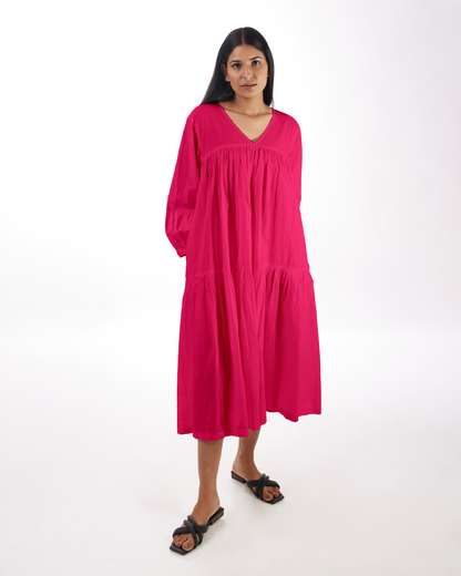 Pink Maternity Maxi Tiered Dress by Kamakhyaa with 100% pure cotton, Casual Wear, FB ADS JUNE, Fitted At Waist, KKYSS, Loose Fit, Naturally Made, Pink, Solids, Summer Sutra, Tiered Dresses, Womenswear at Kamakhyaa for sustainable fashion