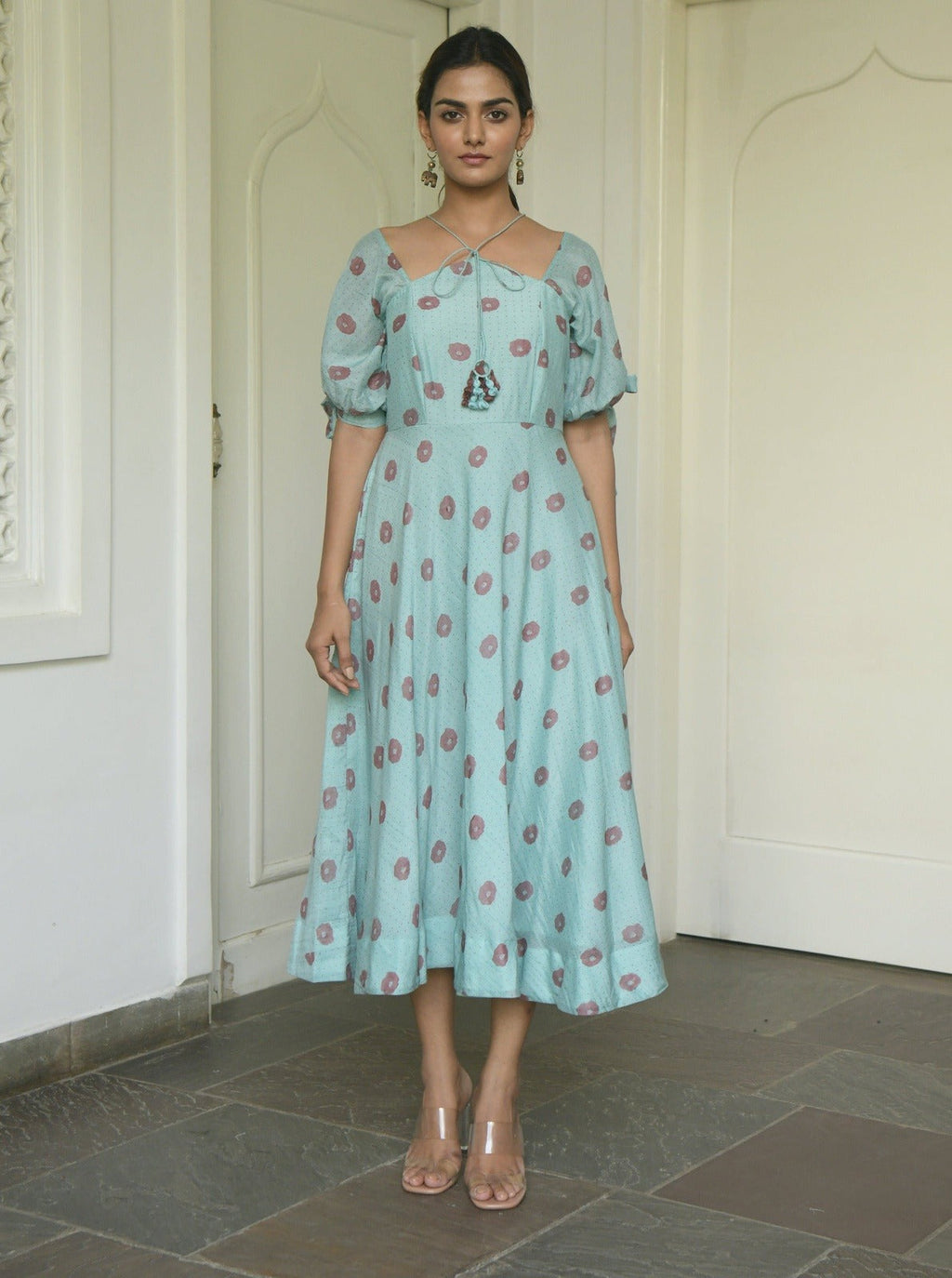 Green Printed Midi Dress by Taro with Evening Wear, Green, Handwoven cotton, July Sale, July Sale 2023, Midi Dresses, Natural, Printed Selfsame, Prints, Regular Fit, Wildflower by Taro, Womenswear at Kamakhyaa for sustainable fashion