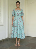 Green Printed Midi Dress by Taro with Evening Wear, Green, Handwoven cotton, July Sale, July Sale 2023, Midi Dresses, Natural, Printed Selfsame, Prints, Regular Fit, Wildflower by Taro, Womenswear at Kamakhyaa for sustainable fashion