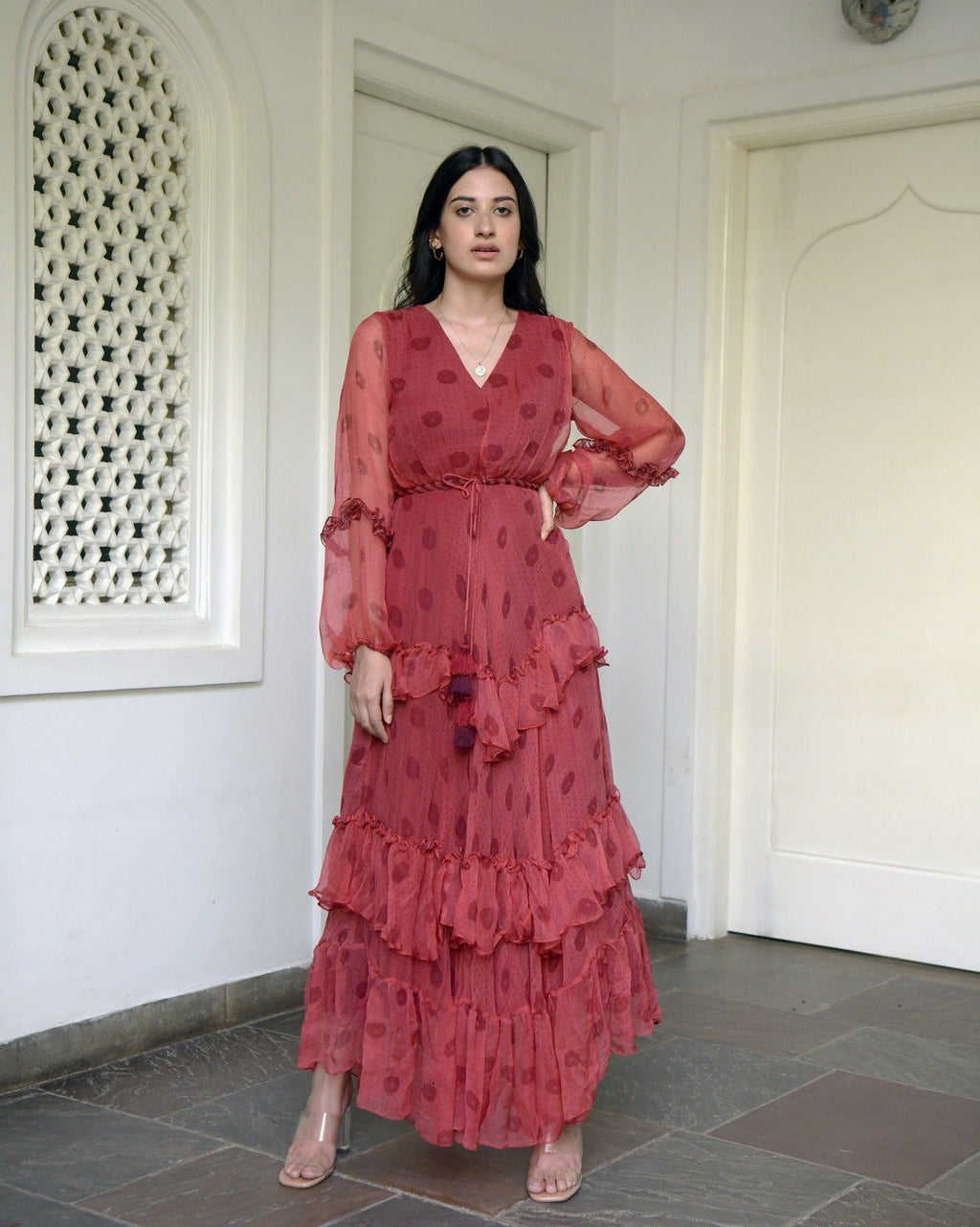 Red Chiffon Tiered Dress by Taro with Best Selling, Chiffon, Evening Wear, FB ADS JUNE, Indo-Western, July Sale, July Sale 2023, Natural, Printed Selfsame, Prints, Red, Regular Fit, Tiered Dresses, Wildflower by Taro, Womenswear at Kamakhyaa for sustainable fashion