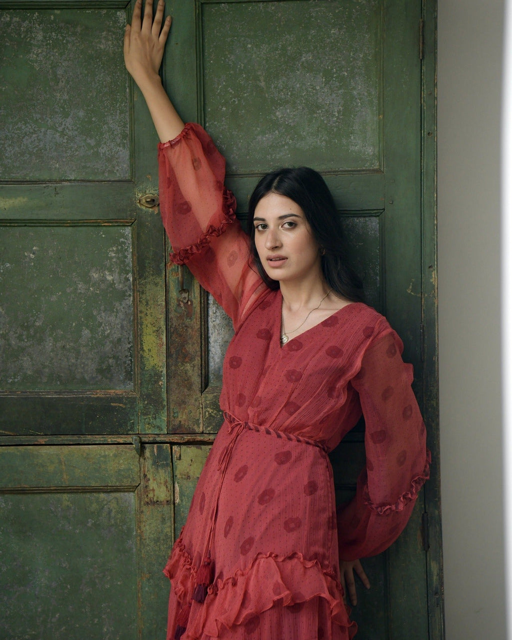 Red Chiffon Tiered Dress by Taro with Best Selling, Chiffon, Evening Wear, FB ADS JUNE, Indo-Western, July Sale, July Sale 2023, Natural, Printed Selfsame, Prints, Red, Regular Fit, Tiered Dresses, Wildflower by Taro, Womenswear at Kamakhyaa for sustainable fashion