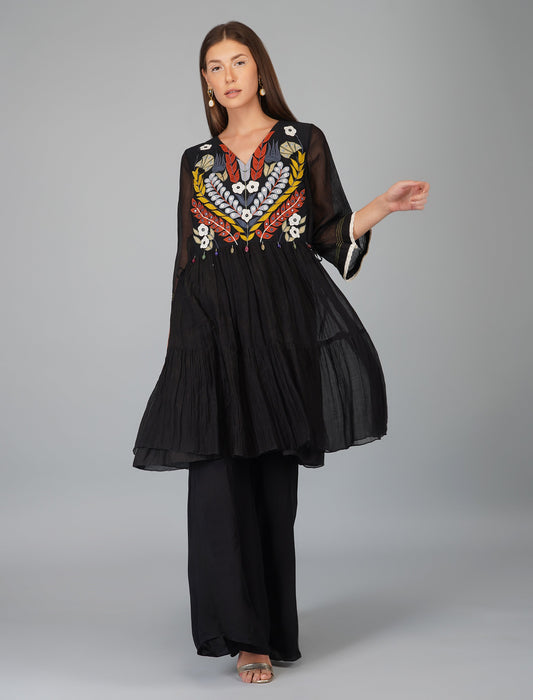 Black Chanderi Hand Embroidered Tiered Tunic Set by Devyani Mehrotra with Black, Chanderi Silk, Co-ord Sets, Embroidered, Evening Wear, Georgette, Natural, Pre Spring 2023, Relaxed Fit, Solids, Vacation Co-ords, Viscose, Womenswear at Kamakhyaa for sustainable fashion