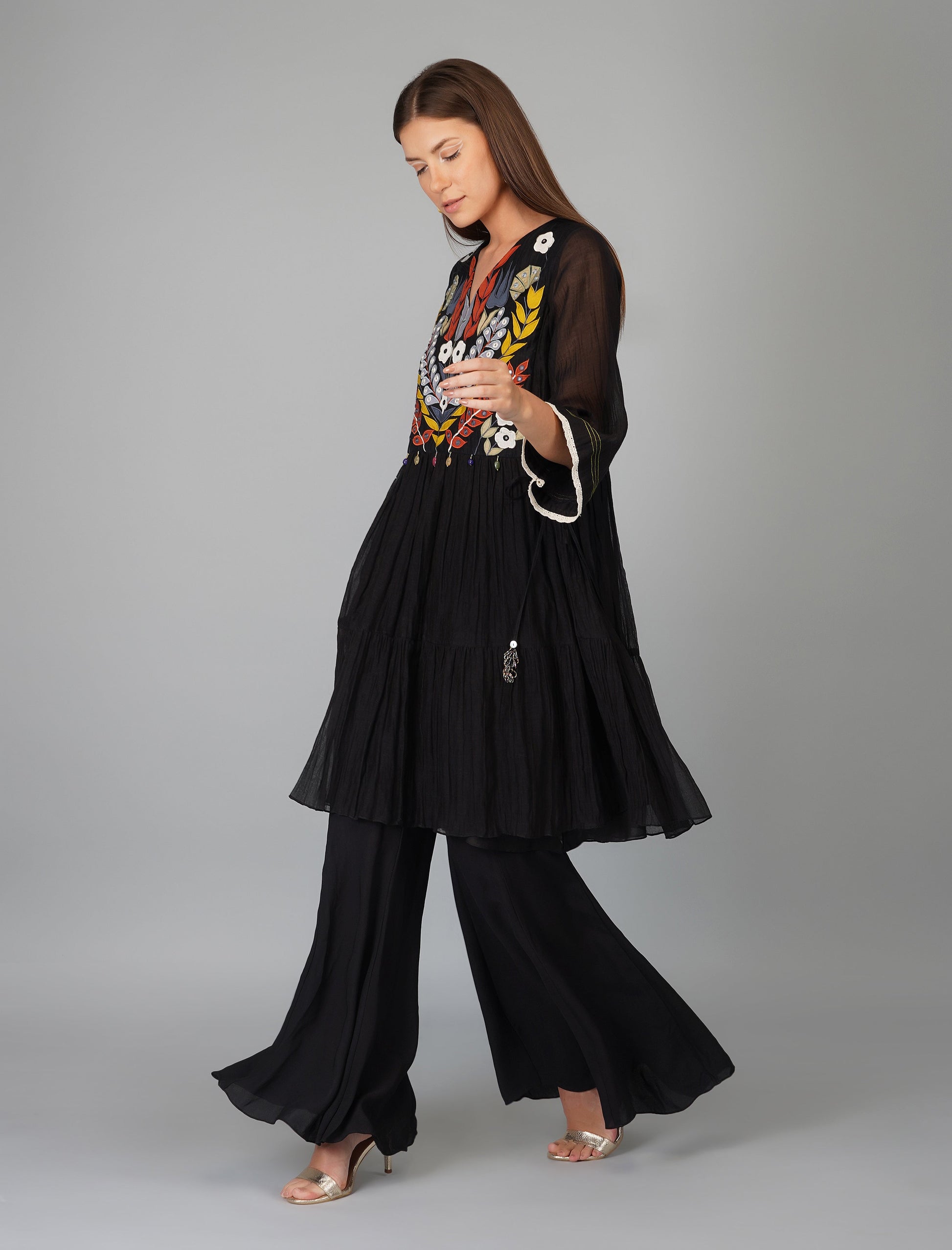 Black Chanderi Hand Embroidered Tiered Tunic Set by Devyani Mehrotra with Black, Chanderi Silk, Co-ord Sets, Embroidered, Evening Wear, Georgette, Natural, Pre Spring 2023, Relaxed Fit, Solids, Vacation Co-ords, Viscose, Womenswear at Kamakhyaa for sustainable fashion