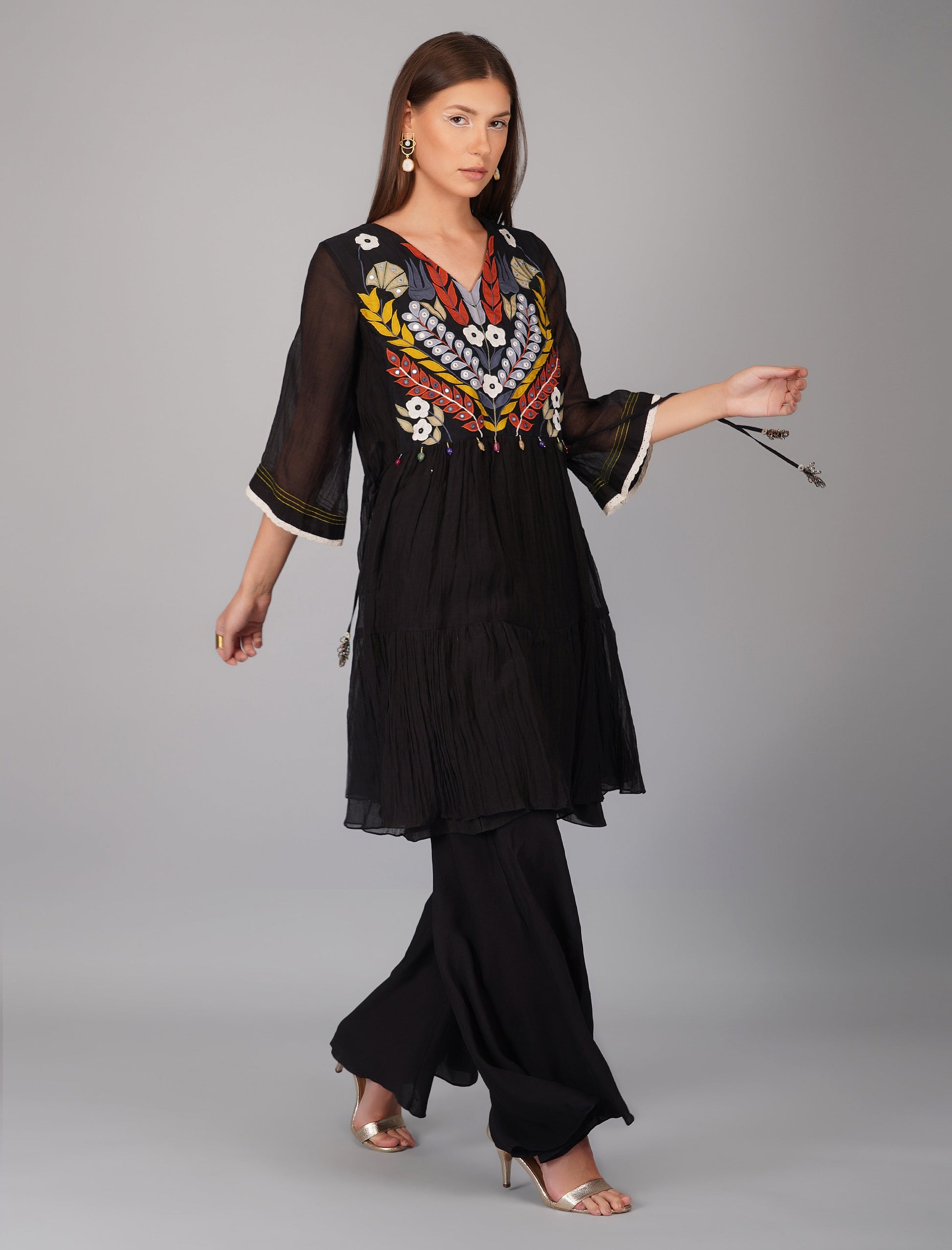 Black Chanderi Hand Embroidered Tiered Tunic Set by Devyani Mehrotra with Black, Chanderi Silk, Co-ord Sets, Embroidered, Evening Wear, Georgette, Natural, Pre Spring 2023, Relaxed Fit, Solids, Vacation Co-ords, Viscose, Womenswear at Kamakhyaa for sustainable fashion