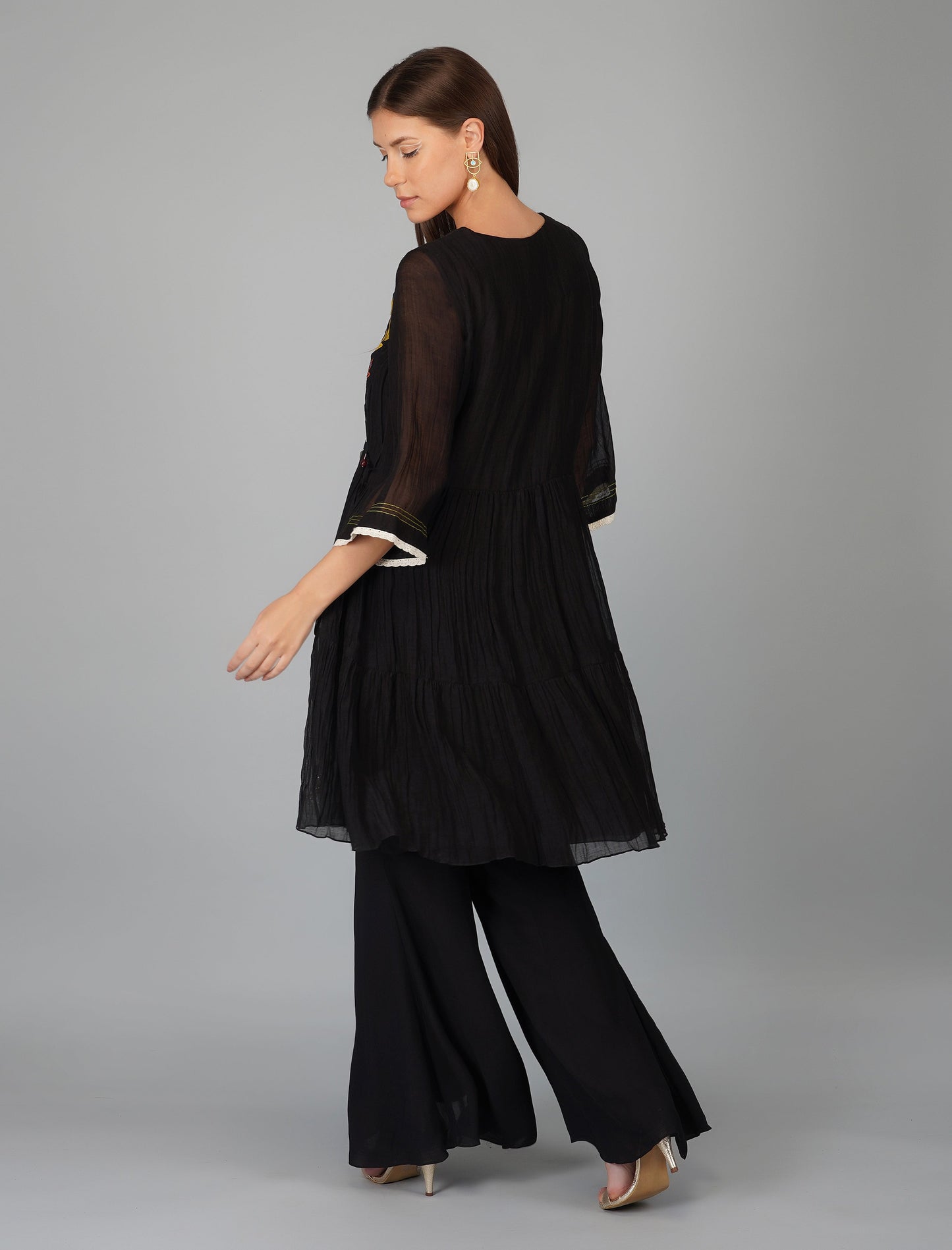 Black Chanderi Hand Embroidered Tiered Tunic Set by Devyani Mehrotra with Black, Chanderi Silk, Co-ord Sets, Embroidered, Evening Wear, Georgette, Natural, Pre Spring 2023, Relaxed Fit, Solids, Vacation Co-ords, Viscose, Womenswear at Kamakhyaa for sustainable fashion