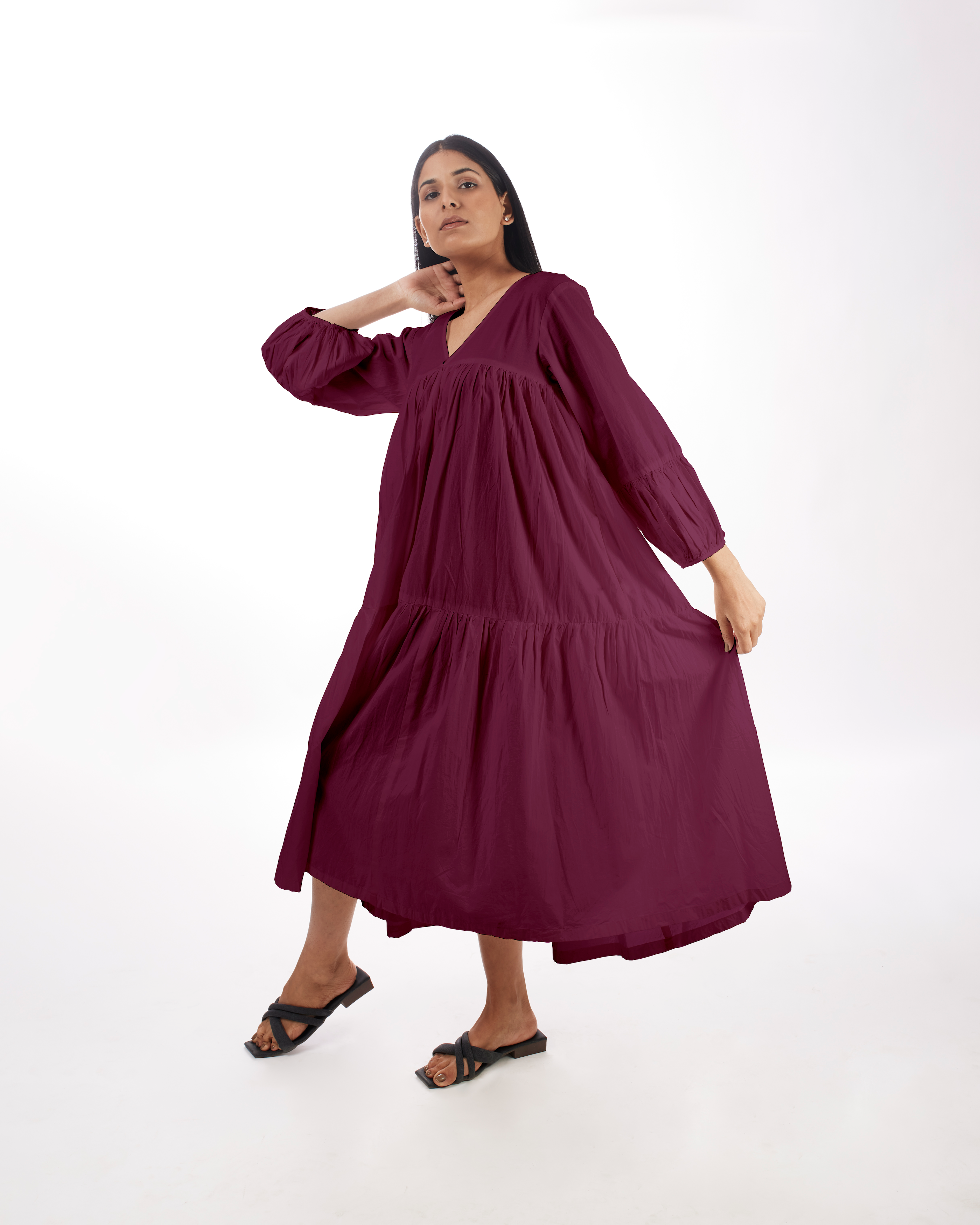 Plum Maternity Maxi Tiered Dress by Kamakhyaa with 100% pure cotton, Casual Wear, FB ADS JUNE, Fitted At Waist, KKYSS, Loose Fit, Naturally Made, Purple, Solids, Summer Sutra, Tiered Dresses, Womenswear at Kamakhyaa for sustainable fashion