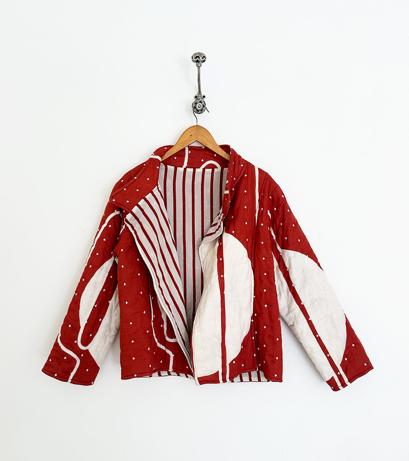 Red Printed Cotton Jacket by Khara Kapas with 100% Cotton, Diana by Khara Kapas, handcrafted, handmade, jacket, pure cotton, Womenswear at Kamakhyaa for sustainable fashion
