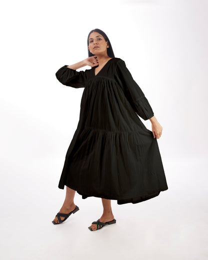 Black Maternity Maxi Tiered Dress by Kamakhyaa with 100% pure cotton, Black, Casual Wear, FB ADS JUNE, Fitted At Waist, KKYSS, Loose Fit, Naturally Made, Solids, Summer Sutra, Tiered Dresses, Womenswear at Kamakhyaa for sustainable fashion