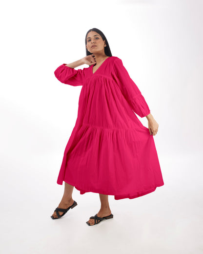 Pink Maternity Maxi Tiered Dress by Kamakhyaa with 100% pure cotton, Casual Wear, FB ADS JUNE, Fitted At Waist, KKYSS, Loose Fit, Naturally Made, Pink, Solids, Summer Sutra, Tiered Dresses, Womenswear at Kamakhyaa for sustainable fashion