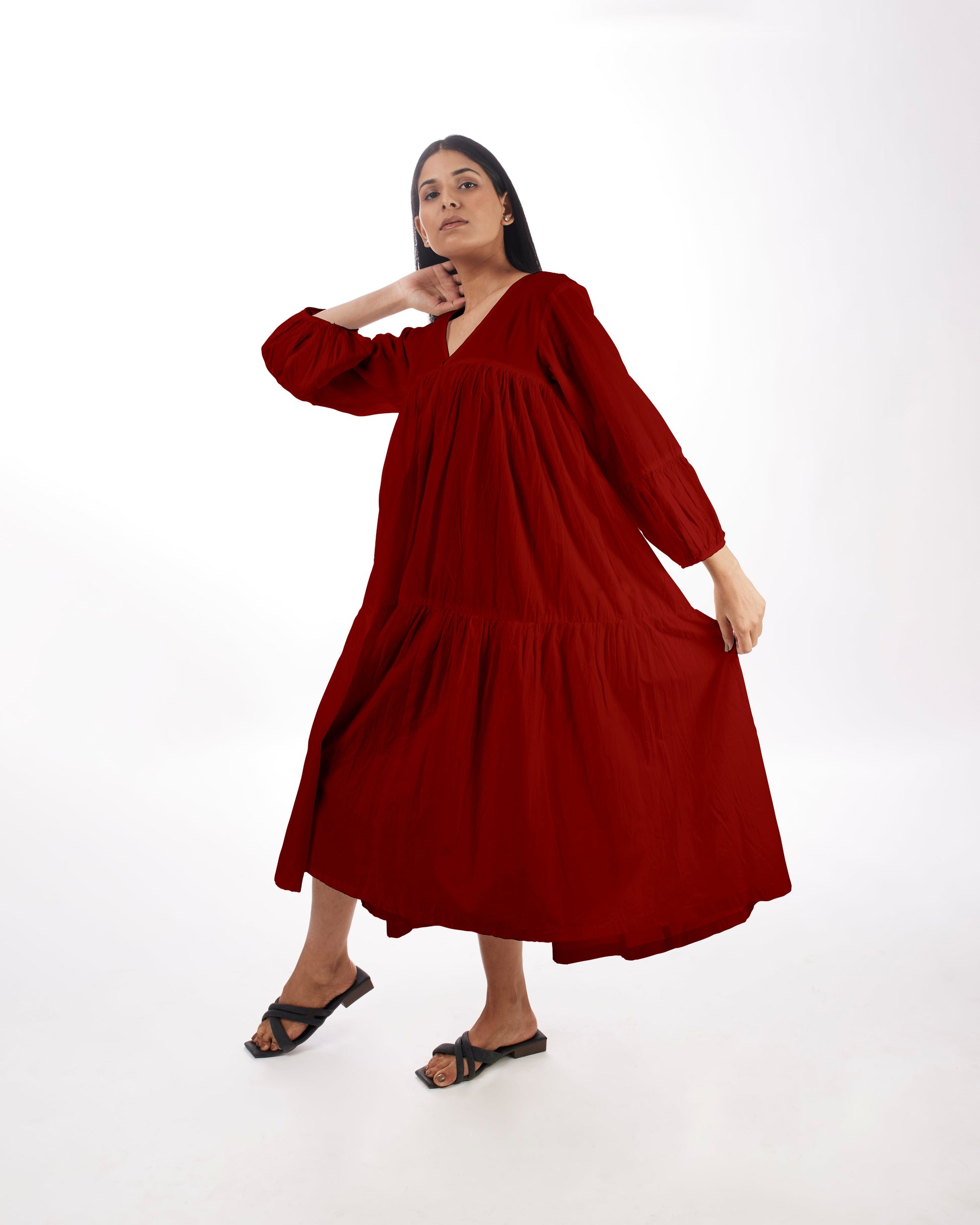 Red Maternity Maxi Tiered Dress by Kamakhyaa with 100% pure cotton, Casual Wear, FB ADS JUNE, Fitted At Waist, KKYSS, Loose Fit, Naturally Made, Red, Solids, Summer Sutra, Tiered Dresses, Womenswear at Kamakhyaa for sustainable fashion
