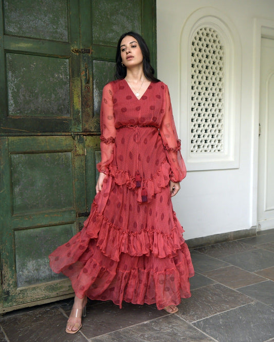 Red Chiffon Tiered Dress by Taro with Best Selling, Chiffon, Evening Wear, FB ADS JUNE, Indo-Western, July Sale, July Sale 2023, Natural, Printed Selfsame, Prints, Red, Regular Fit, Tiered Dresses, Wildflower by Taro, Womenswear at Kamakhyaa for sustainable fashion