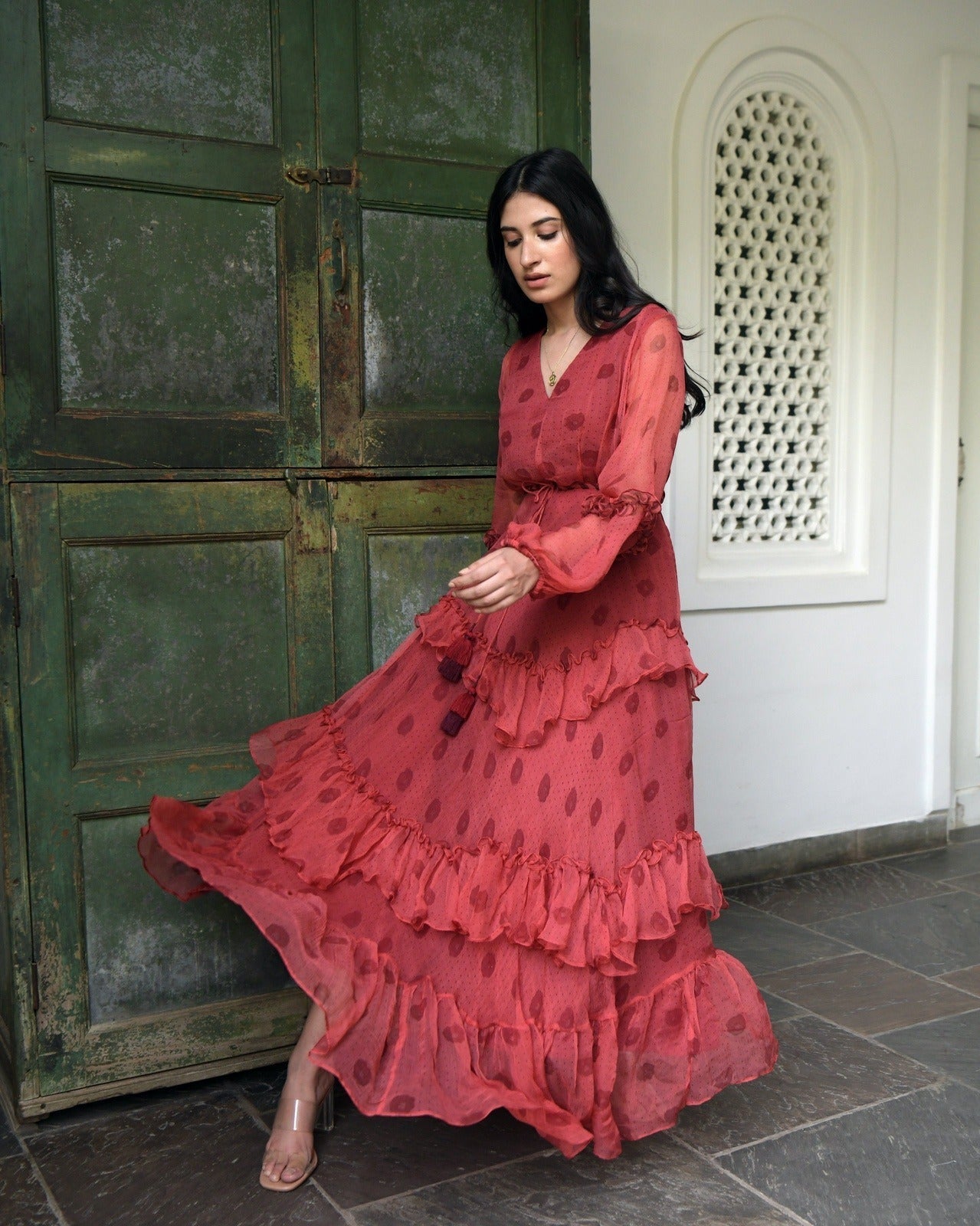 Red Chiffon Tiered Dress by Taro with Best Selling, Chiffon, Evening Wear, FB ADS JUNE, Indo-Western, July Sale, July Sale 2023, Natural, Printed Selfsame, Prints, Red, Regular Fit, Tiered Dresses, Wildflower by Taro, Womenswear at Kamakhyaa for sustainable fashion