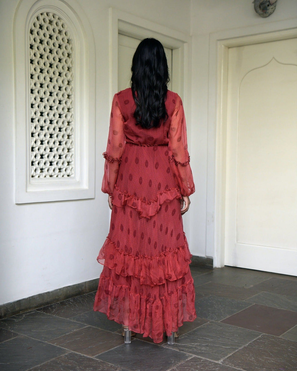 Red Chiffon Tiered Dress by Taro with Best Selling, Chiffon, Evening Wear, FB ADS JUNE, Indo-Western, July Sale, July Sale 2023, Natural, Printed Selfsame, Prints, Red, Regular Fit, Tiered Dresses, Wildflower by Taro, Womenswear at Kamakhyaa for sustainable fashion