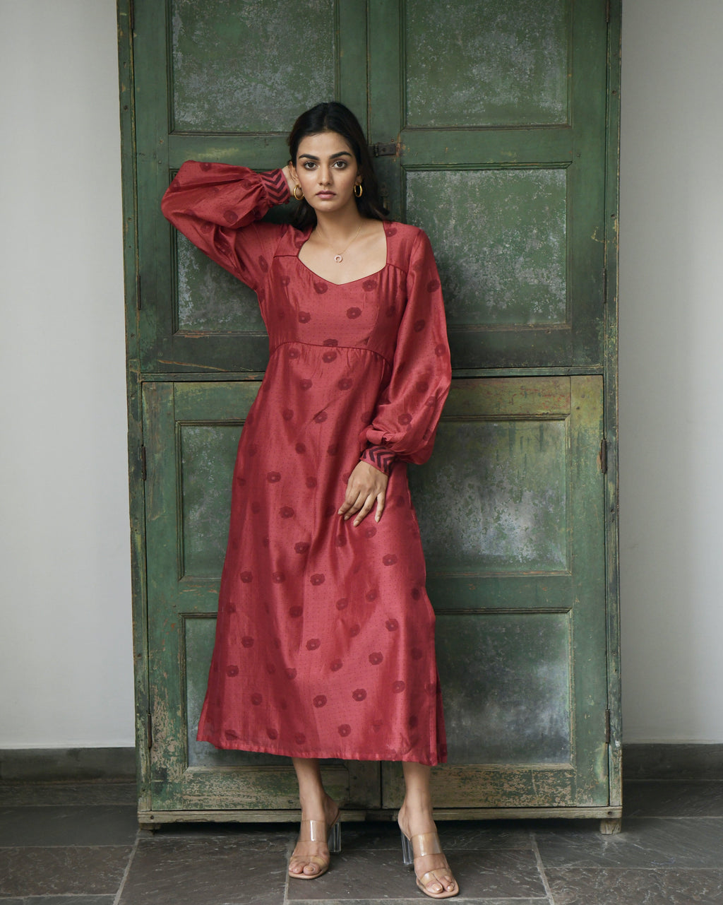 Red Chanderi Silk Midi Dress by Taro with Evening Wear, Handwoven Chanderi silk, July Sale, July Sale 2023, Midi Dresses, Natural, Printed Selfsame, Prints, Red, Regular Fit, Wildflower by Taro, Womenswear at Kamakhyaa for sustainable fashion