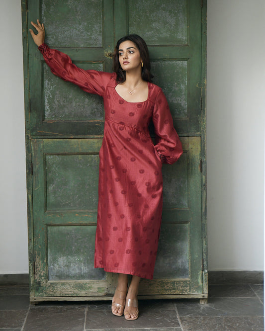 Red Chanderi Silk Midi Dress by Taro with Evening Wear, Handwoven Chanderi silk, July Sale, July Sale 2023, Midi Dresses, Natural, Printed Selfsame, Prints, Red, Regular Fit, Wildflower by Taro, Womenswear at Kamakhyaa for sustainable fashion