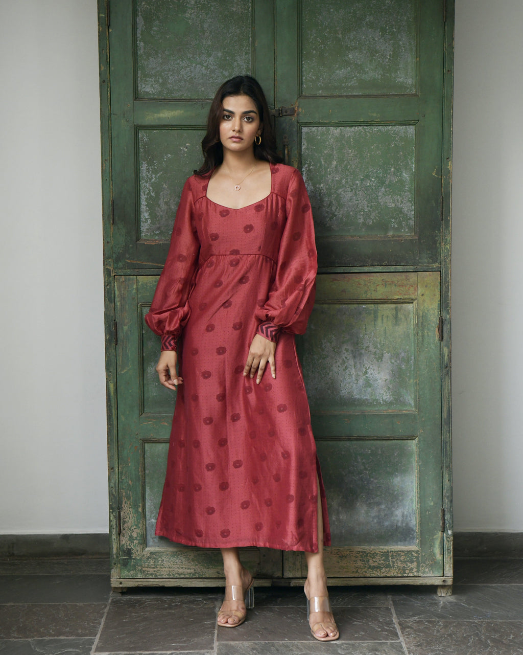Red Chanderi Silk Midi Dress by Taro with Evening Wear, Handwoven Chanderi silk, July Sale, July Sale 2023, Midi Dresses, Natural, Printed Selfsame, Prints, Red, Regular Fit, Wildflower by Taro, Womenswear at Kamakhyaa for sustainable fashion