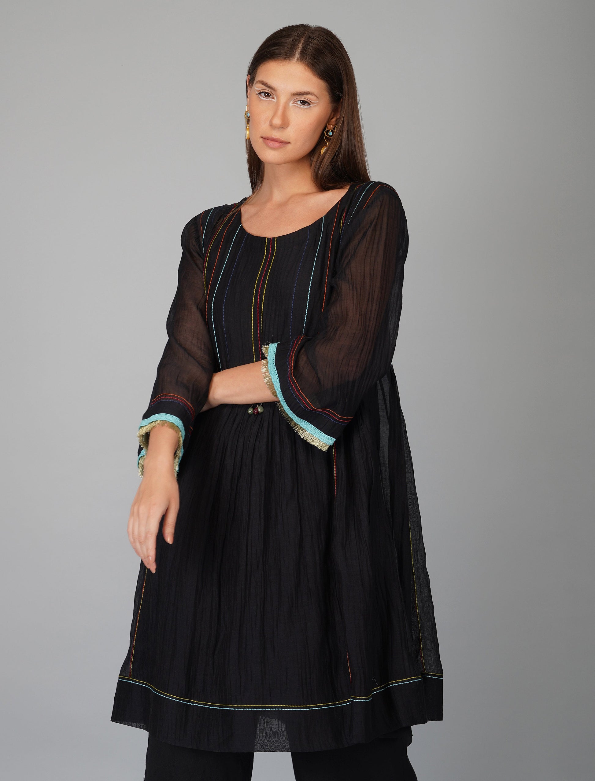 Black Hand Embroidered Chanderi Co-ord Set by Devyani Mehrotra with Black, Chanderi Silk, Co-ord Sets, Cotton, Embroidered, Evening Wear, Natural, Pre Spring 2023, Regular Fit, Solids, Travel Co-ords, Womenswear at Kamakhyaa for sustainable fashion