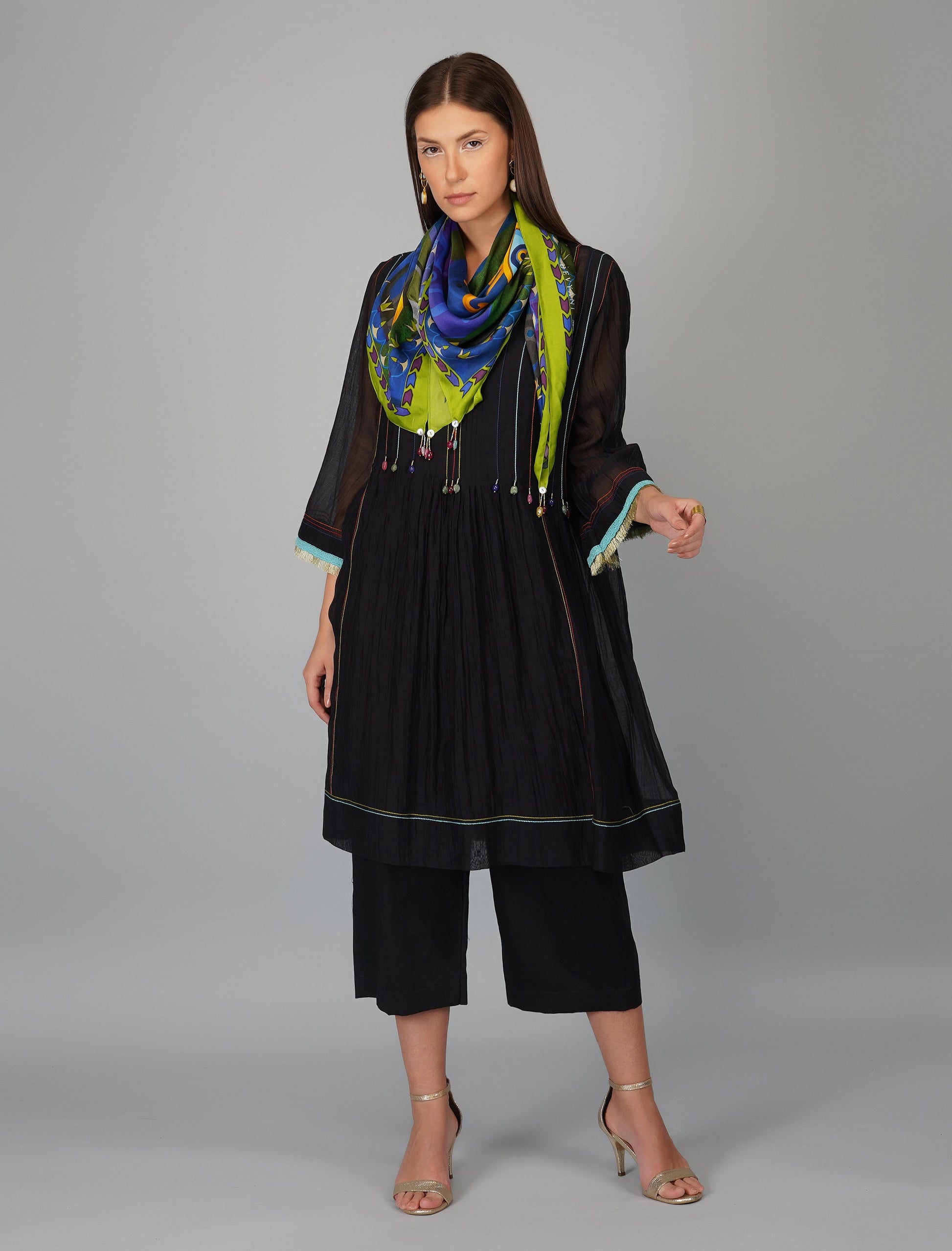 Black Hand Embroidered Chanderi Co-ord Set by Devyani Mehrotra with Black, Chanderi Silk, Co-ord Sets, Cotton, Embroidered, Evening Wear, Natural, Pre Spring 2023, Regular Fit, Solids, Travel Co-ords, Womenswear at Kamakhyaa for sustainable fashion
