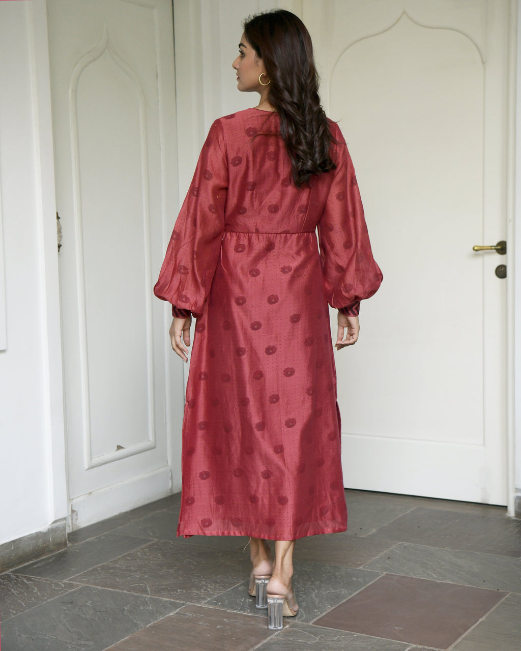 Red Chanderi Silk Midi Dress by Taro with Evening Wear, Handwoven Chanderi silk, July Sale, July Sale 2023, Midi Dresses, Natural, Printed Selfsame, Prints, Red, Regular Fit, Wildflower by Taro, Womenswear at Kamakhyaa for sustainable fashion