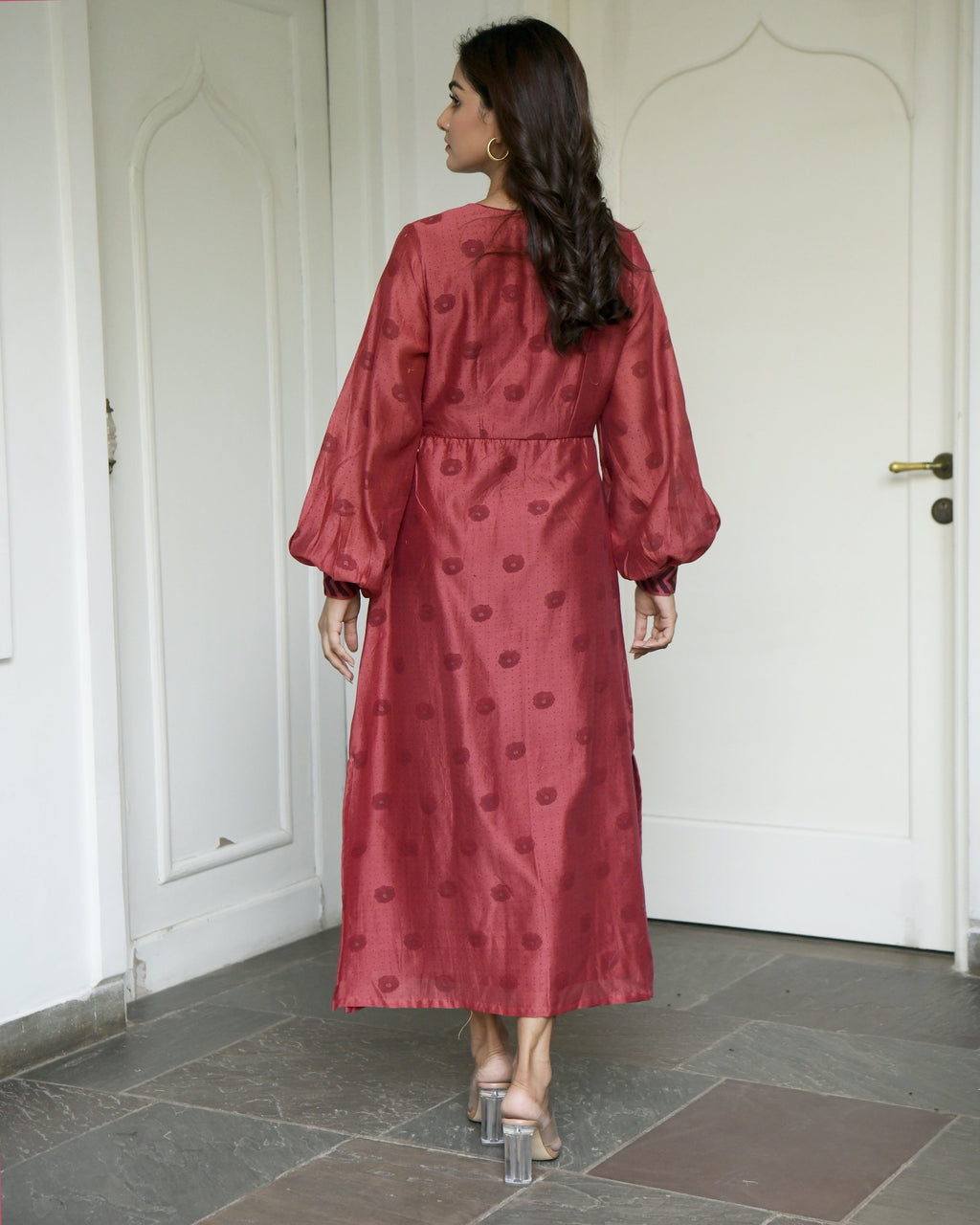 Red Chanderi Silk Midi Dress by Taro with Evening Wear, Handwoven Chanderi silk, July Sale, July Sale 2023, Midi Dresses, Natural, Printed Selfsame, Prints, Red, Regular Fit, Wildflower by Taro, Womenswear at Kamakhyaa for sustainable fashion