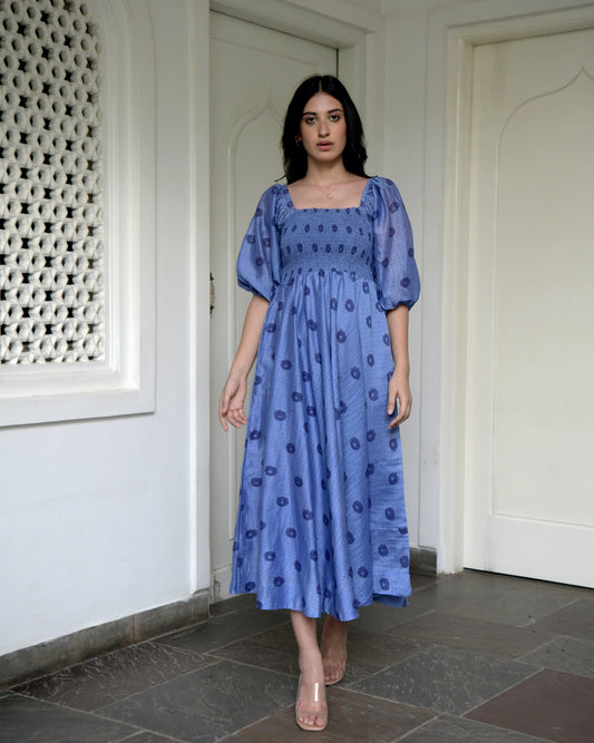 Blue Chanderi Silk Midi Dress by Taro with Best Selling, Blue, Duplicate, Evening Wear, FB ADS JUNE, Handwoven Chanderi silk, July Sale, July Sale 2023, Midi Dresses, Natural, Prints, Regular Fit, Wildflower by Taro, Womenswear at Kamakhyaa for sustainable fashion