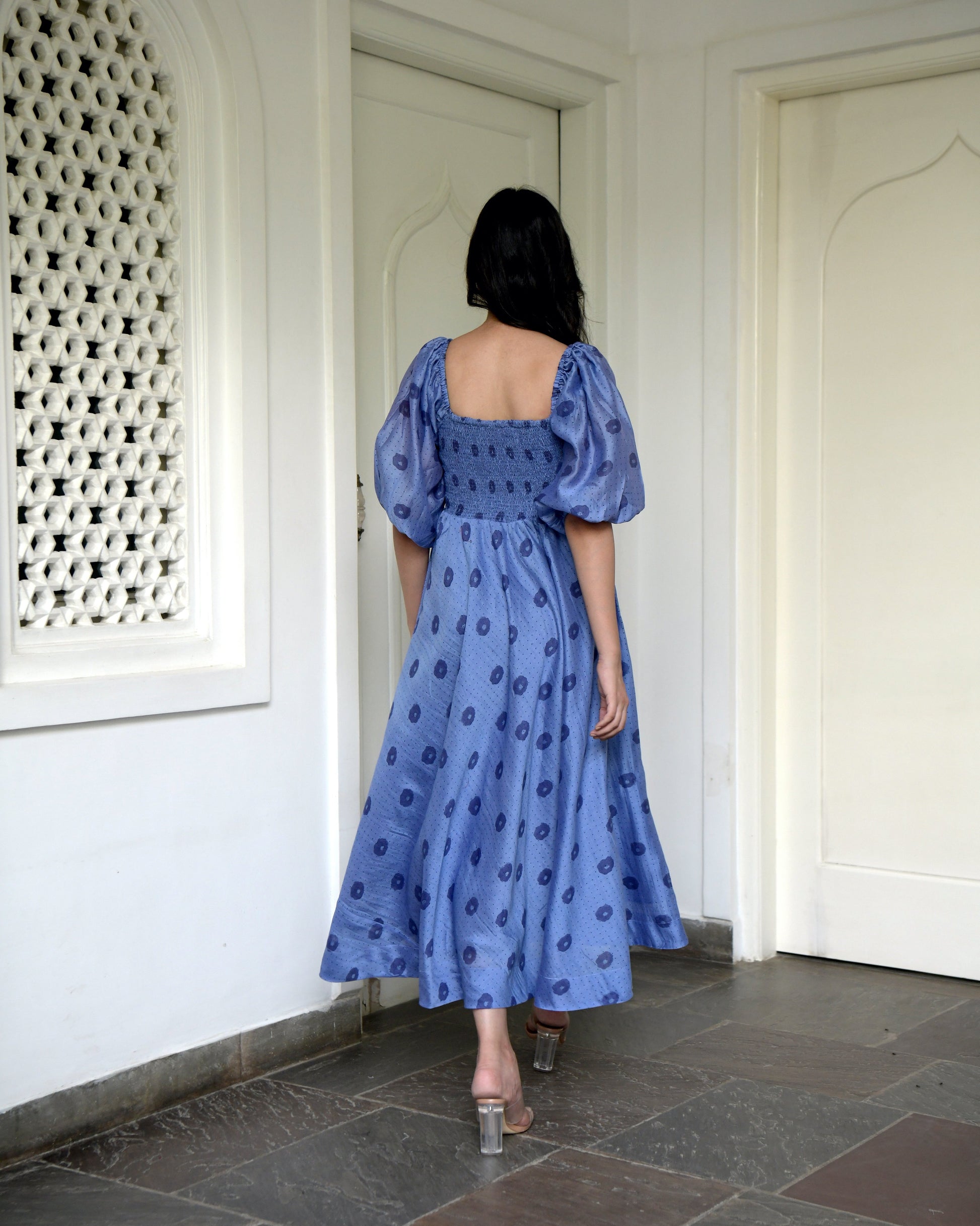 Blue Chanderi Silk Midi Dress by Taro with Best Selling, Blue, Duplicate, Evening Wear, FB ADS JUNE, Handwoven Chanderi silk, July Sale, July Sale 2023, Midi Dresses, Natural, Prints, Regular Fit, Wildflower by Taro, Womenswear at Kamakhyaa for sustainable fashion