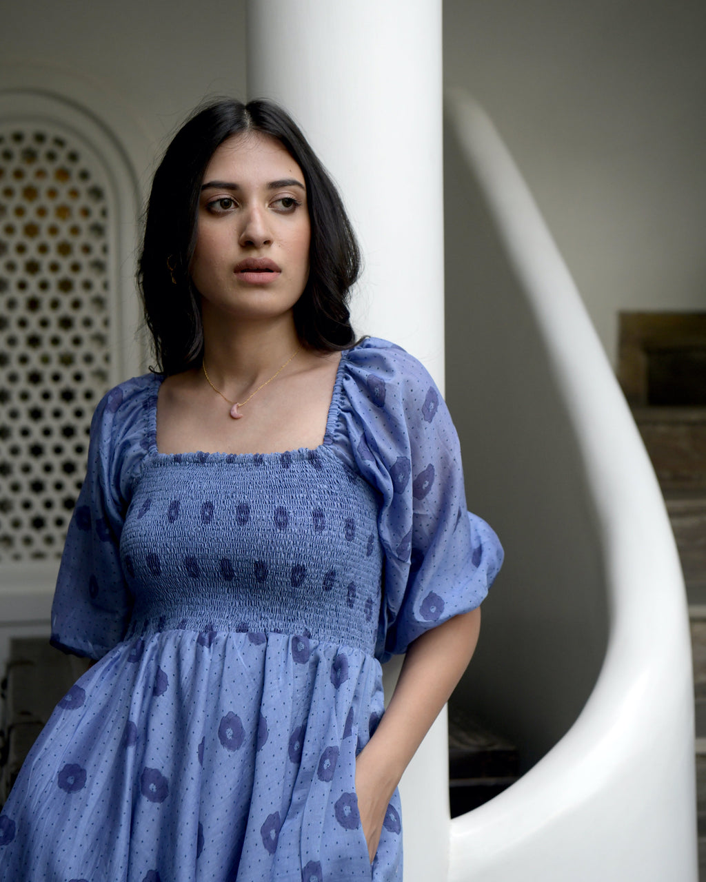 Blue Chanderi Silk Midi Dress by Taro with Best Selling, Blue, Duplicate, Evening Wear, FB ADS JUNE, Handwoven Chanderi silk, July Sale, July Sale 2023, Midi Dresses, Natural, Prints, Regular Fit, Wildflower by Taro, Womenswear at Kamakhyaa for sustainable fashion