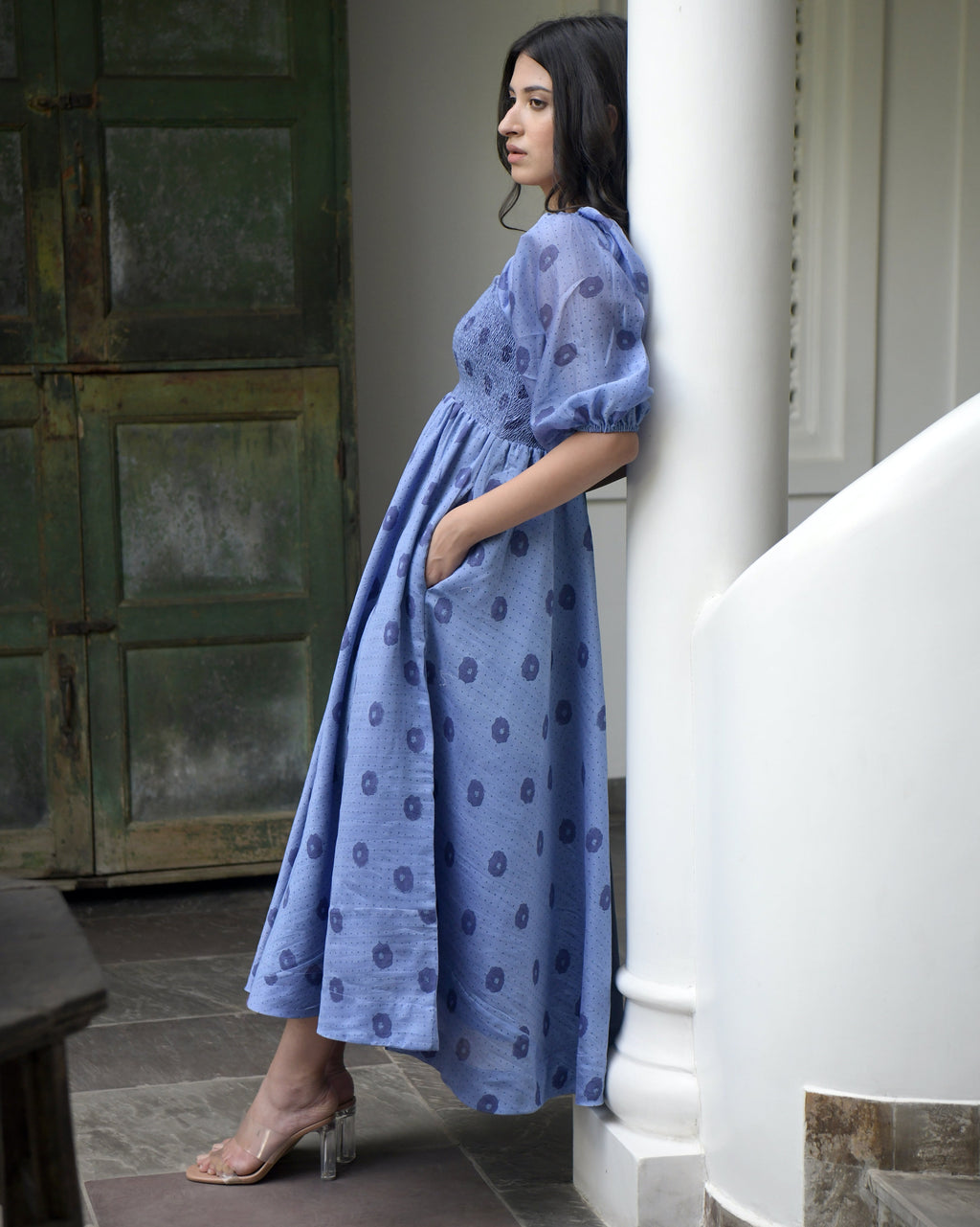 Blue Chanderi Silk Midi Dress by Taro with Best Selling, Blue, Duplicate, Evening Wear, FB ADS JUNE, Handwoven Chanderi silk, July Sale, July Sale 2023, Midi Dresses, Natural, Prints, Regular Fit, Wildflower by Taro, Womenswear at Kamakhyaa for sustainable fashion