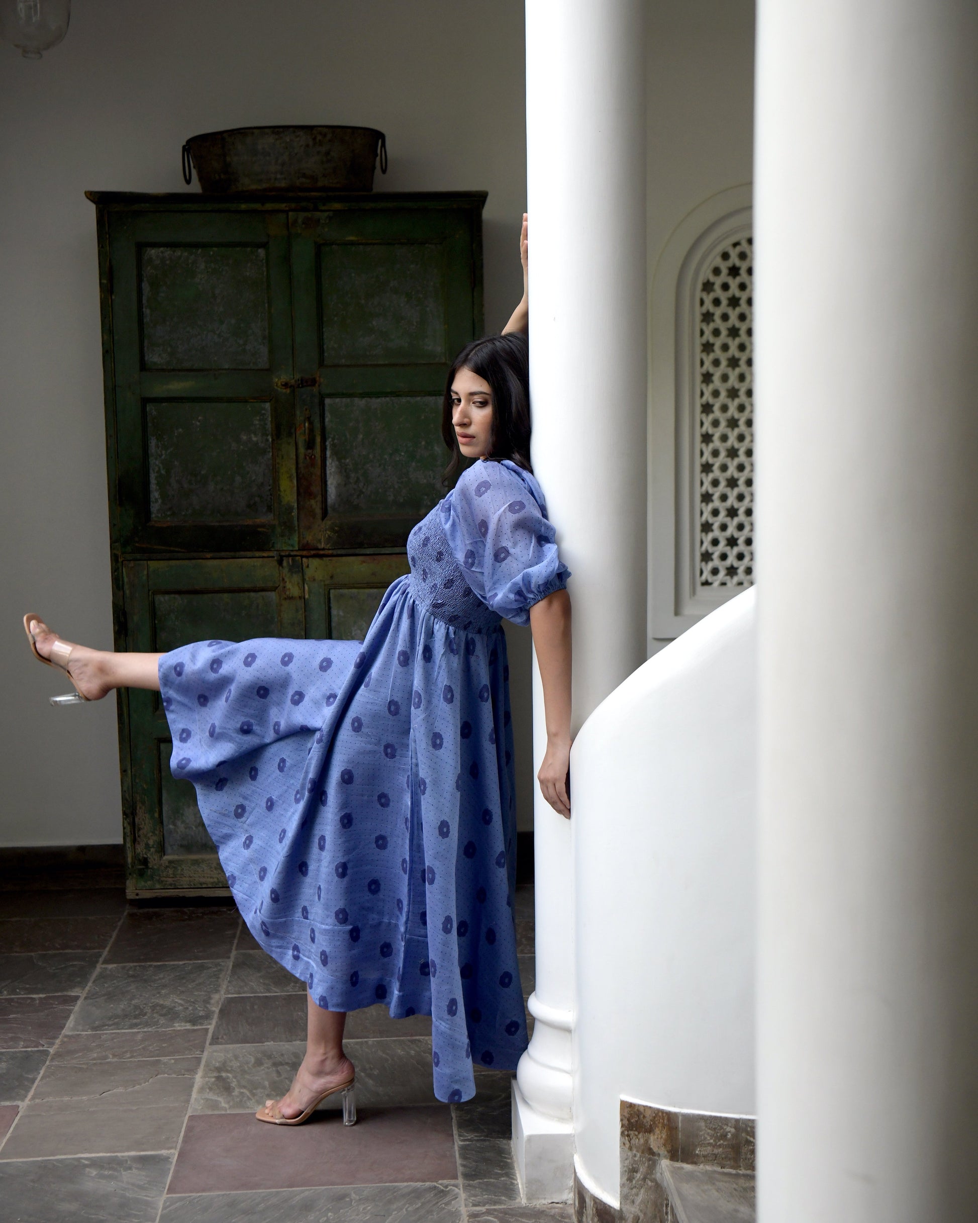 Blue Chanderi Silk Midi Dress by Taro with Best Selling, Blue, Duplicate, Evening Wear, FB ADS JUNE, Handwoven Chanderi silk, July Sale, July Sale 2023, Midi Dresses, Natural, Prints, Regular Fit, Wildflower by Taro, Womenswear at Kamakhyaa for sustainable fashion