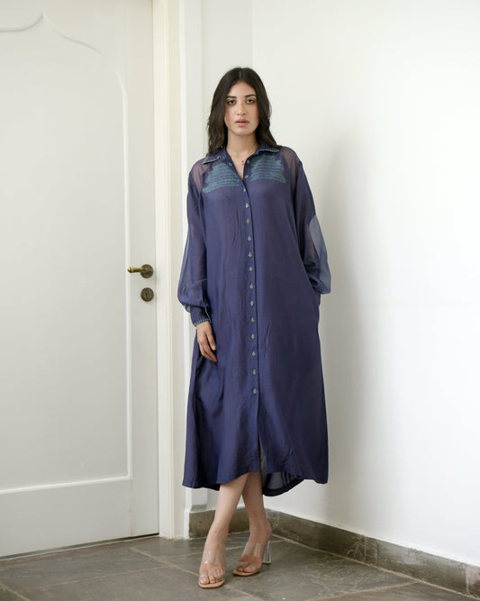 Blue Cotton Long Dress by Taro with Blue, Duplicate, Evening Wear, Handwoven cotton silk, July Sale, July Sale 2023, Midi Dresses, Natural, Regular Fit, Solids, Wildflower by Taro, Womenswear at Kamakhyaa for sustainable fashion