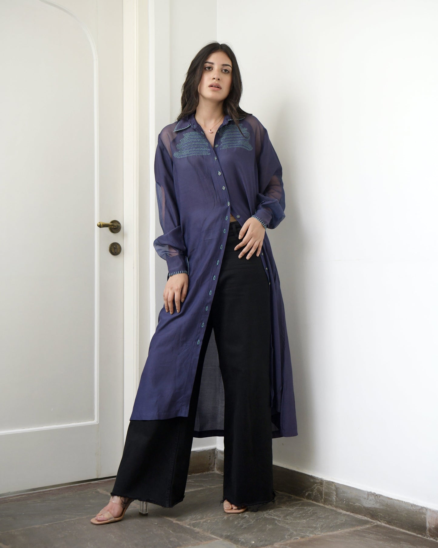 Blue Cotton Long Dress by Taro with Blue, Duplicate, Evening Wear, Handwoven cotton silk, July Sale, July Sale 2023, Midi Dresses, Natural, Regular Fit, Solids, Wildflower by Taro, Womenswear at Kamakhyaa for sustainable fashion