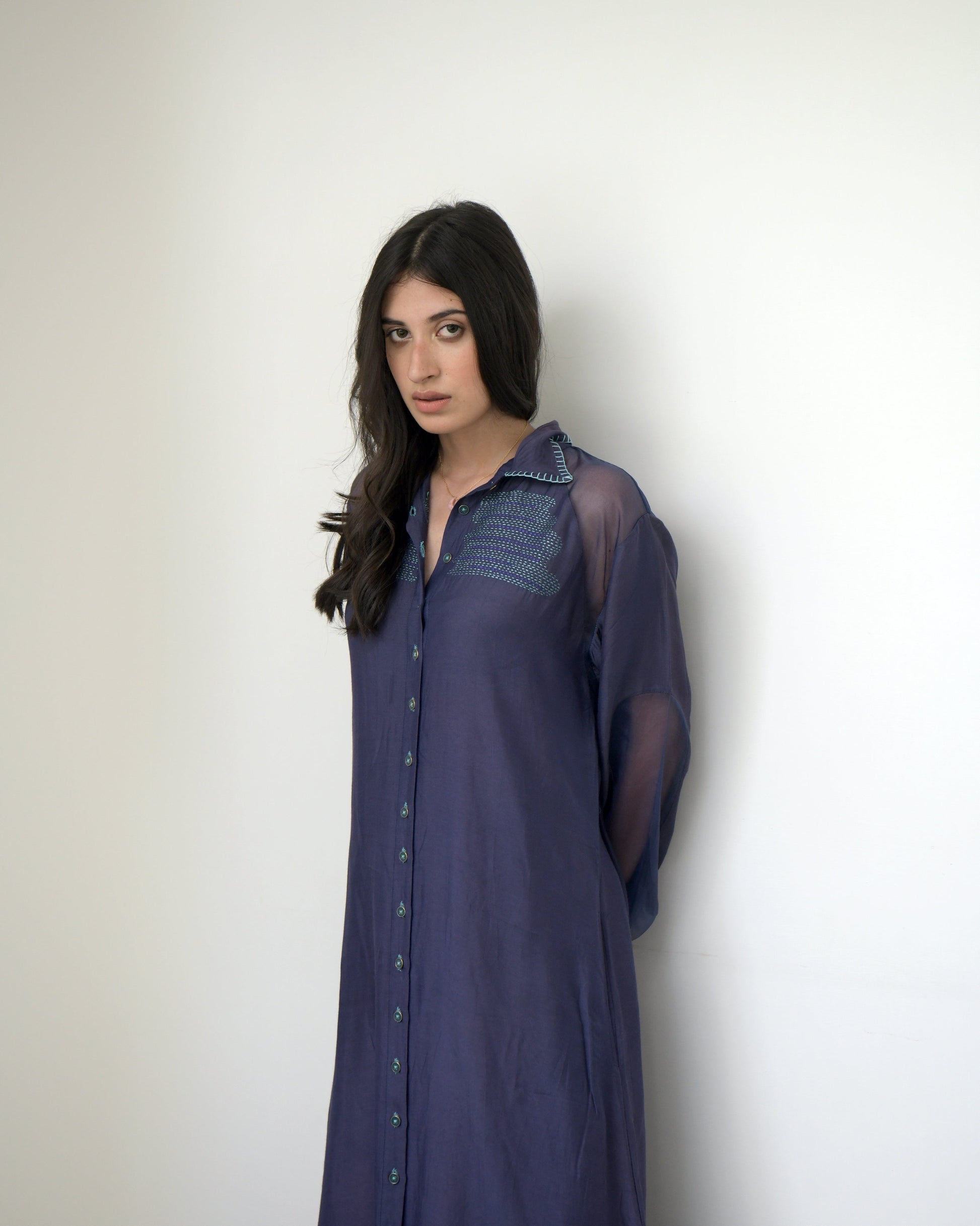 Blue Cotton Long Dress by Taro with Blue, Duplicate, Evening Wear, Handwoven cotton silk, July Sale, July Sale 2023, Midi Dresses, Natural, Regular Fit, Solids, Wildflower by Taro, Womenswear at Kamakhyaa for sustainable fashion