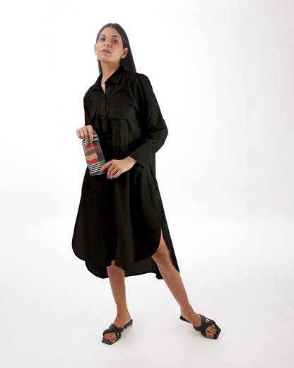 Black Shirt Dress High-Low by Kamakhyaa with 100% pure cotton, Black, Casual Wear, KKYSS, Natural, Relaxed Fit, Shirt Dresses, Solids, Summer Sutra, Womenswear at Kamakhyaa for sustainable fashion