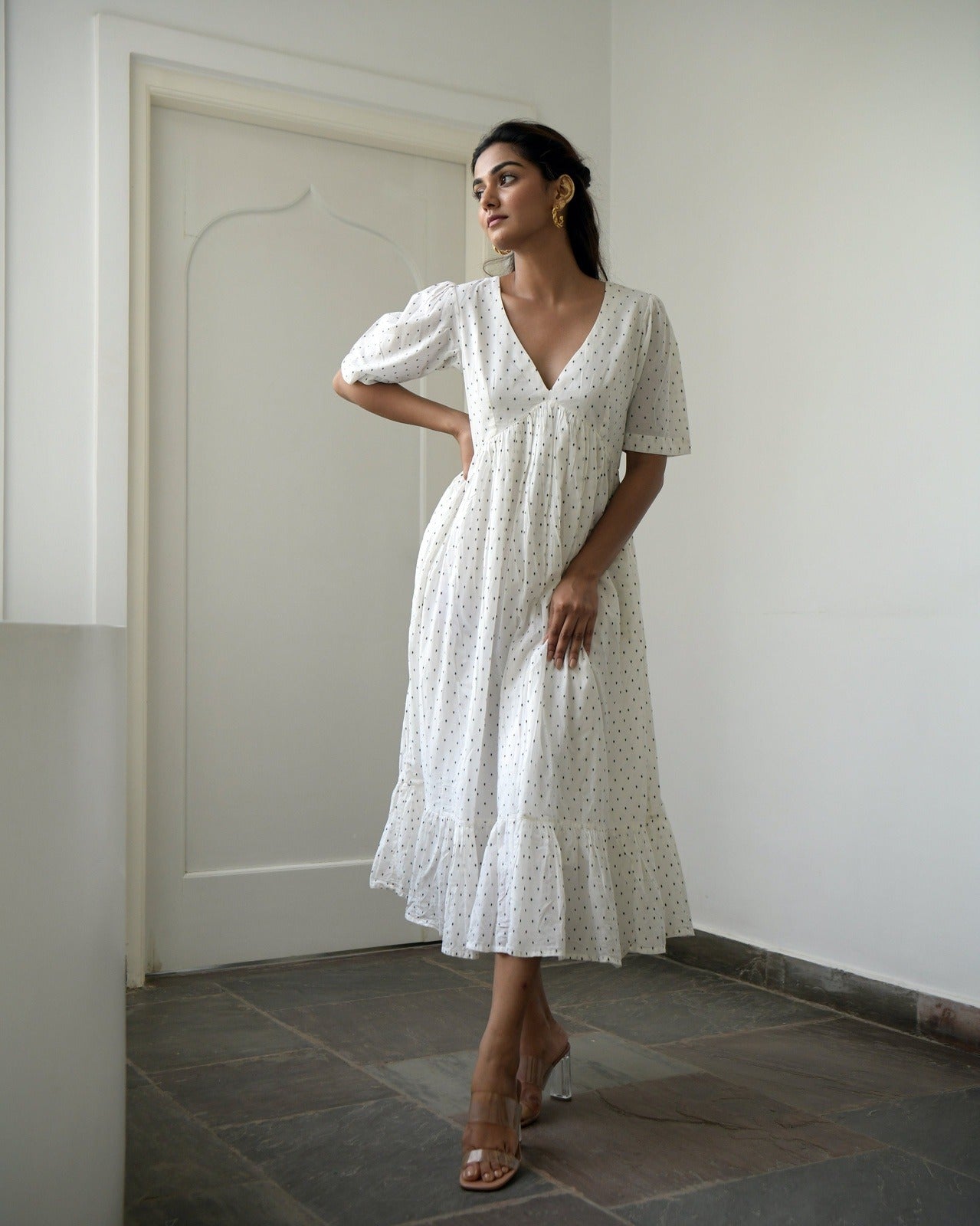 White Cotton Midi Dress Dresses Handwoven cotton, Natural, Prints, Regular Fit, Tiered Dresses, White, Wildflower Taro Kamakhyaa