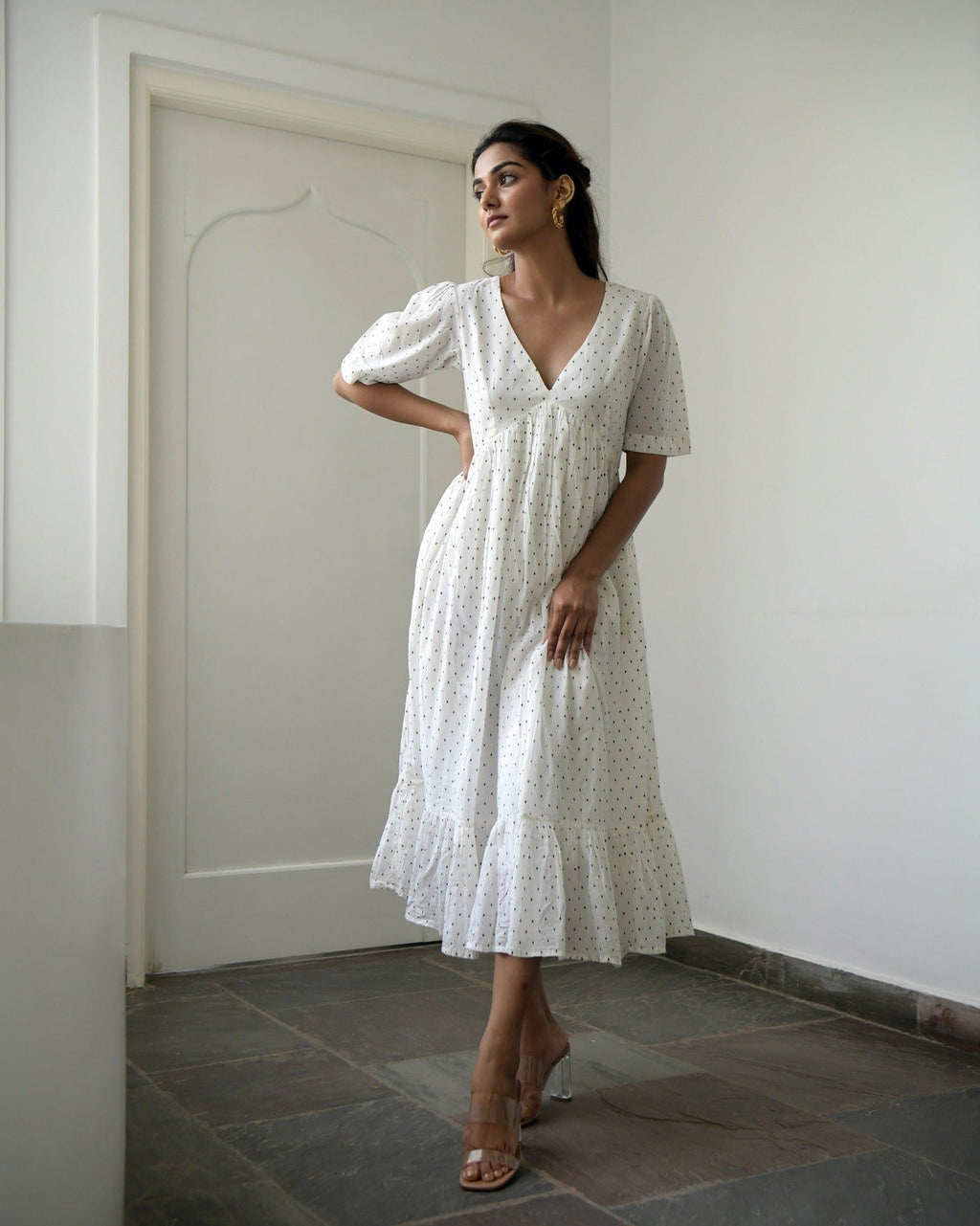 White Cotton Midi Dress by Taro with Best Selling, Evening Wear, FB ADS JUNE, Handwoven cotton, Indo-Western, July Sale, July Sale 2023, Kurtas, Midi Dresses, Natural, Prints, Regular Fit, Tiered Dresses, White, Wildflower by Taro, Womenswear at Kamakhyaa for sustainable fashion
