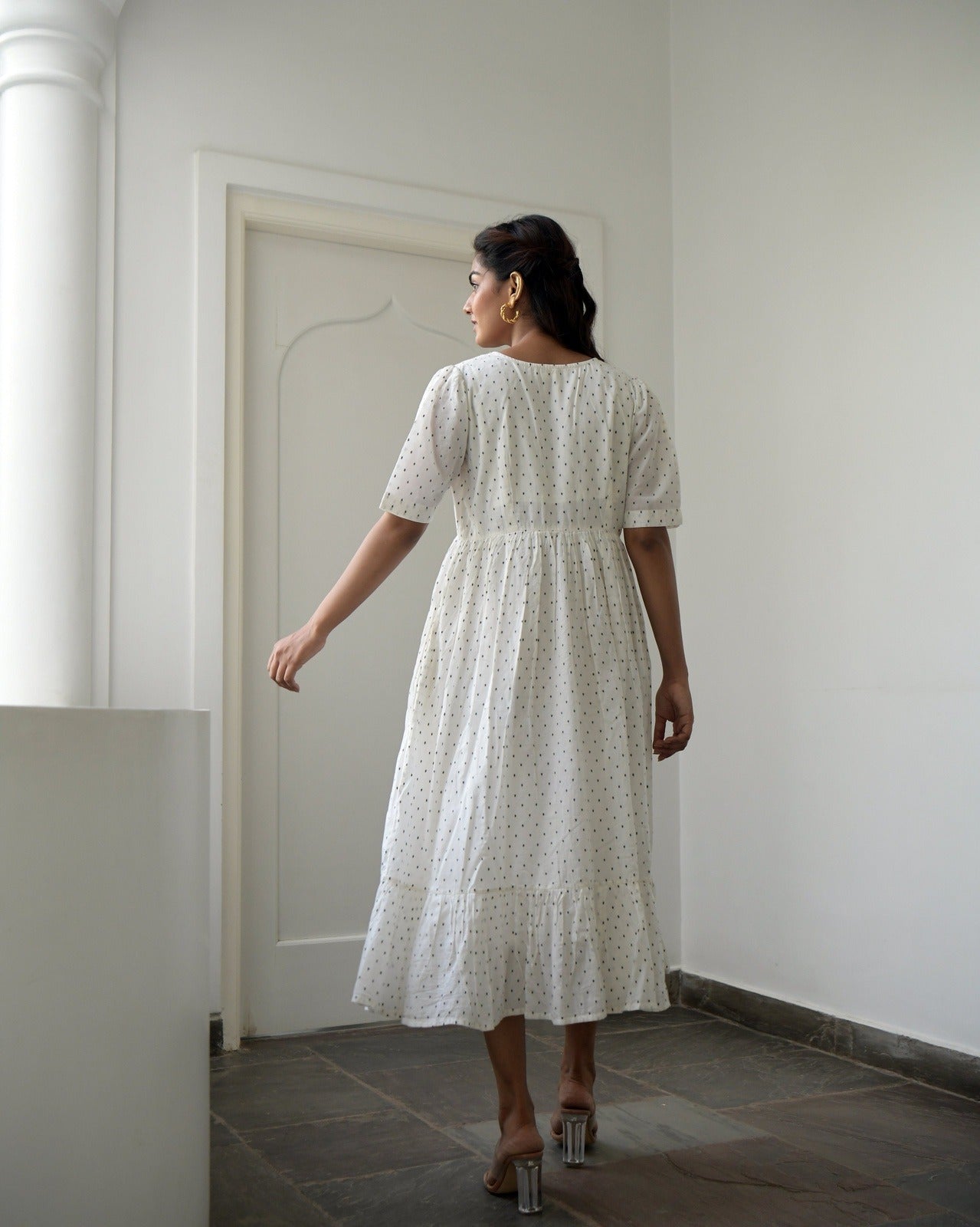 White Cotton Midi Dress by Taro with Best Selling, Evening Wear, FB ADS JUNE, Handwoven cotton, Indo-Western, July Sale, July Sale 2023, Kurtas, Midi Dresses, Natural, Prints, Regular Fit, Tiered Dresses, White, Wildflower by Taro, Womenswear at Kamakhyaa for sustainable fashion