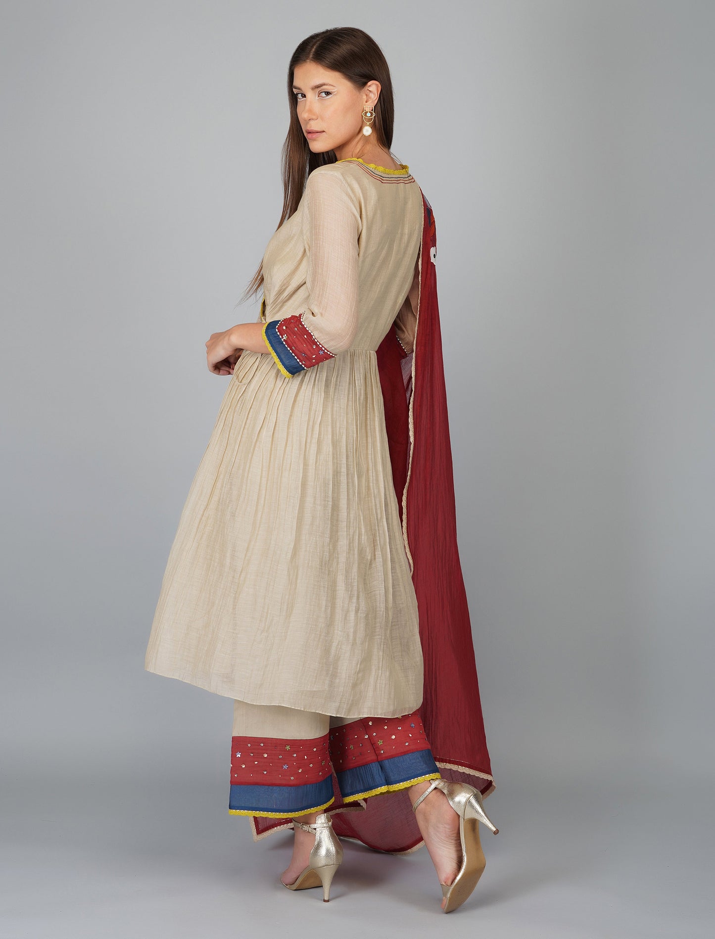 White Chanderi Applique Angrakha Set by Devyani Mehrotra with Angrakha, Chanderi Silk, Cotton, Embroidered, Festive Wear, Fitted at Waist, Kurta Pant Sets, Kurta Set with Dupattas, Multicolor, Natural, Patchwork, Pre Spring 2023, Womenswear at Kamakhyaa for sustainable fashion