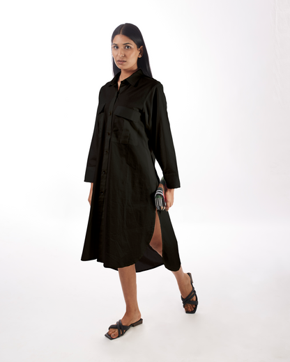 Black Shirt Dress High-Low by Kamakhyaa with 100% pure cotton, Black, Casual Wear, KKYSS, Natural, Relaxed Fit, Shirt Dresses, Solids, Summer Sutra, Womenswear at Kamakhyaa for sustainable fashion